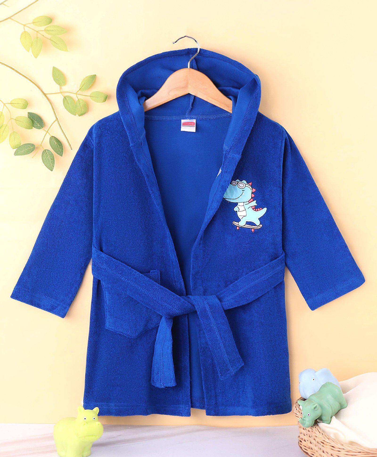Babyhug Terry Knit Full Sleeves Hooded Bath Robe With Dino Embroidery - Navy Blue-image-41