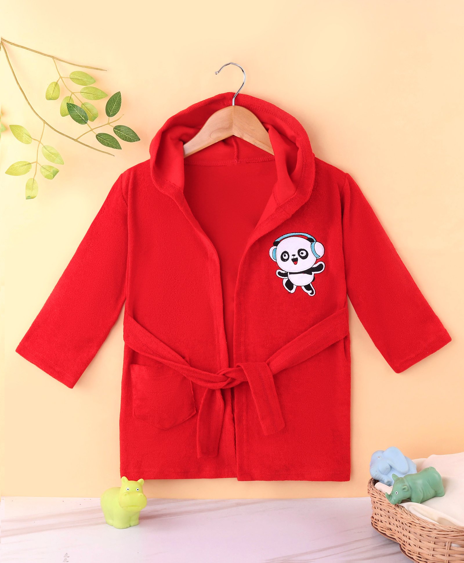 Babyhug Terry Knit Full Sleeves Hooded Bath Robe With Panda Embroidery - Red-image-48