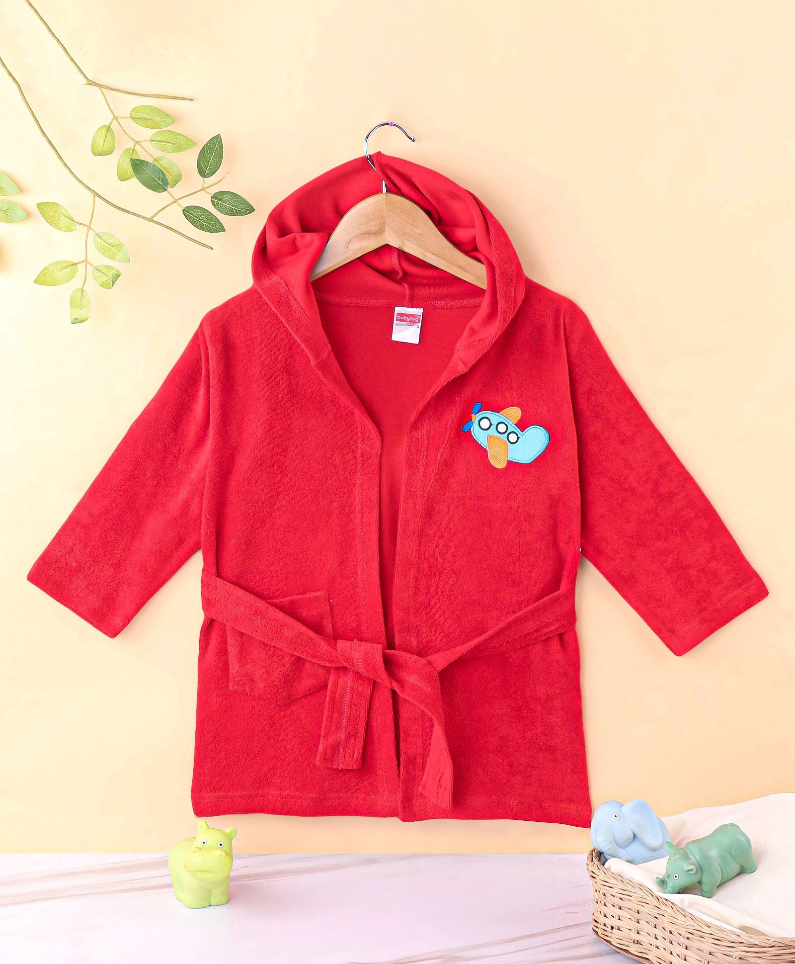 Babyhug Terry Knit Full Sleeves Hooded Bath Robe With Car Embroidery - Red-image-44