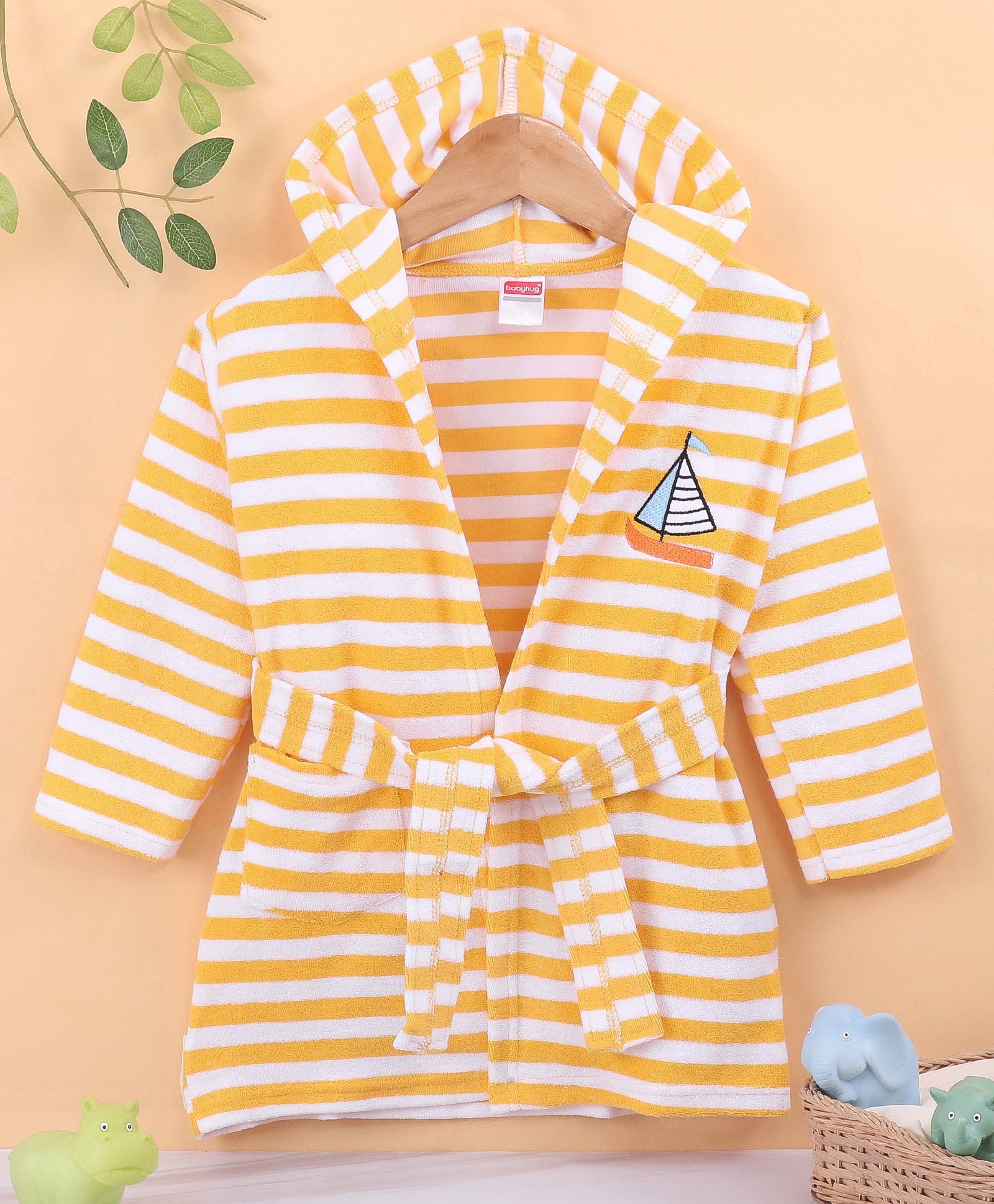 Babyhug Terry Knit Full Sleeves Bath Robe With Hood and Boat Embroidery - Yellow-image-3
