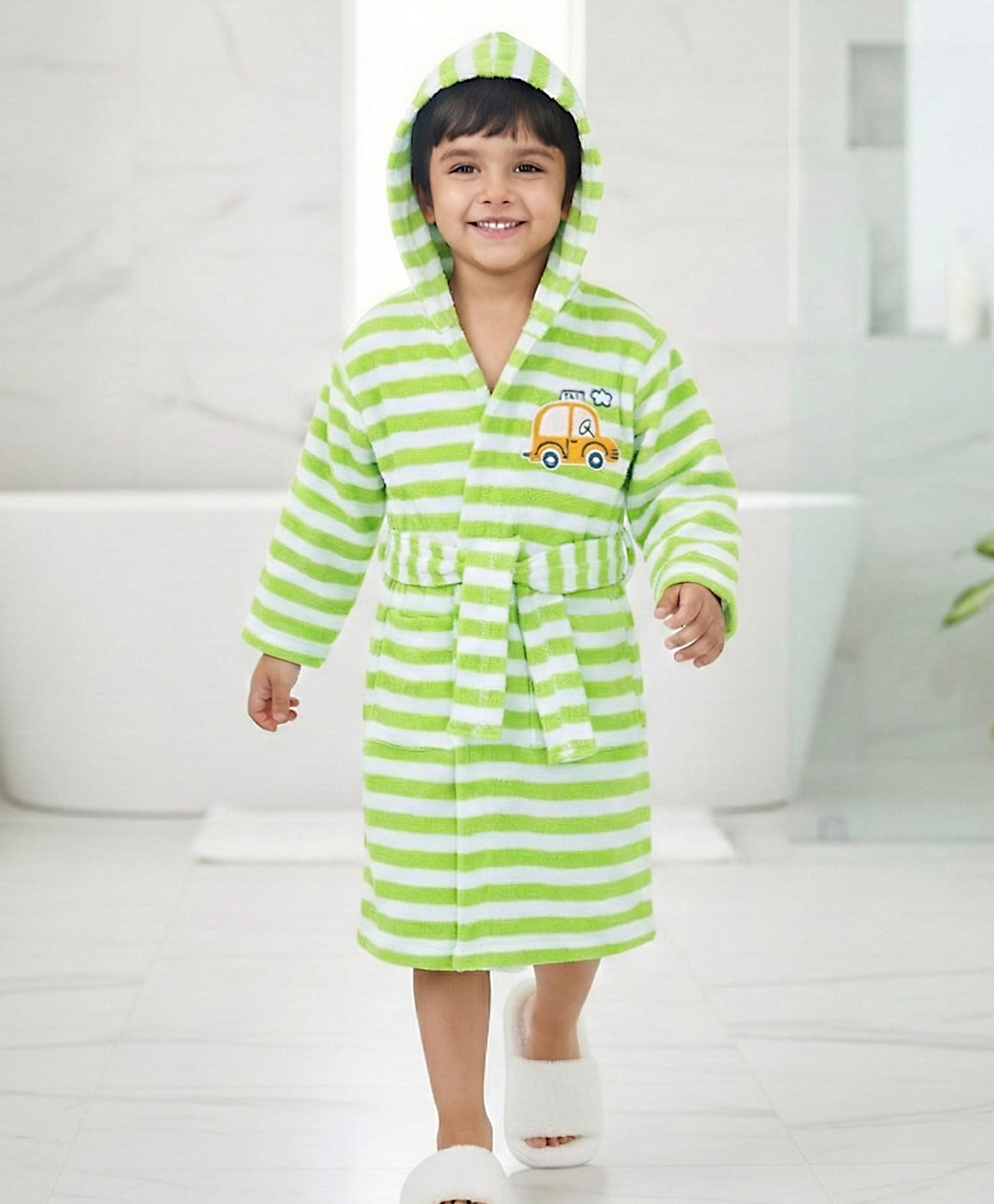 Babyhug Terry Knit Full Sleeves Striped Bath Robe With Hood and Car Embroidery - Green-image-40