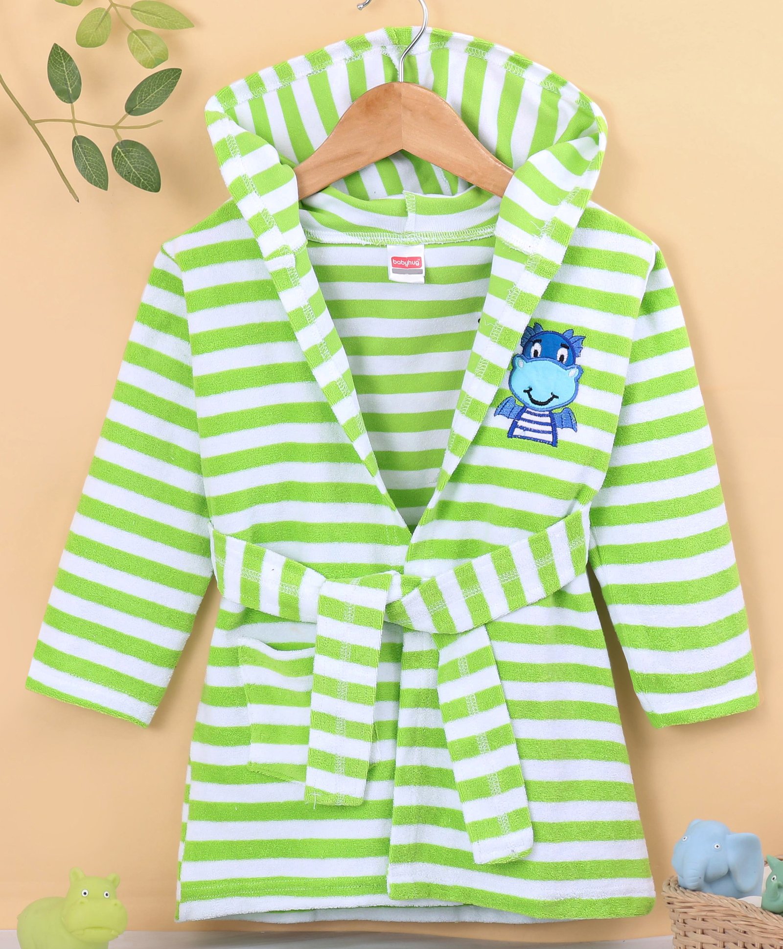 Babyhug Terry Knit Full Sleeves Bath Robe With Hood Dragon Embroidery - Green-image-5