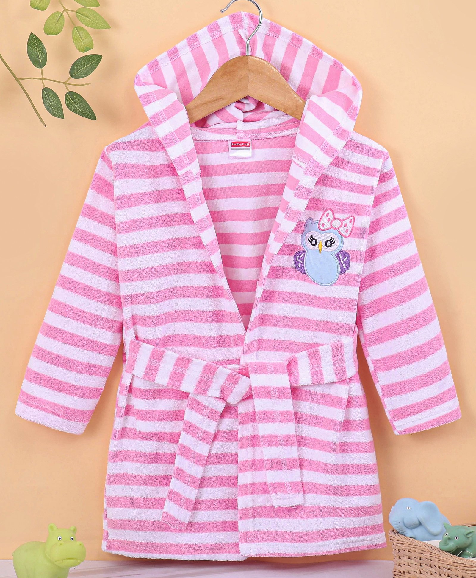Babyhug Terry Knit Full Sleeves Bath Robe With Hood Owl Embroidery - Pink-image-11