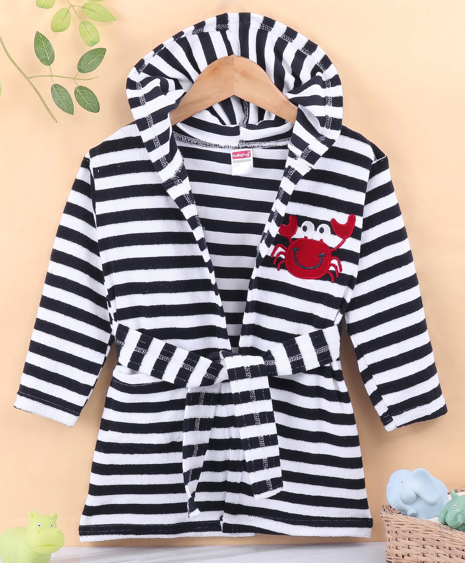 Babyhug Terry Knit  Full Sleeves Bath Robe With Hood and Crab Embroidery - Navy Blue & White-image-6