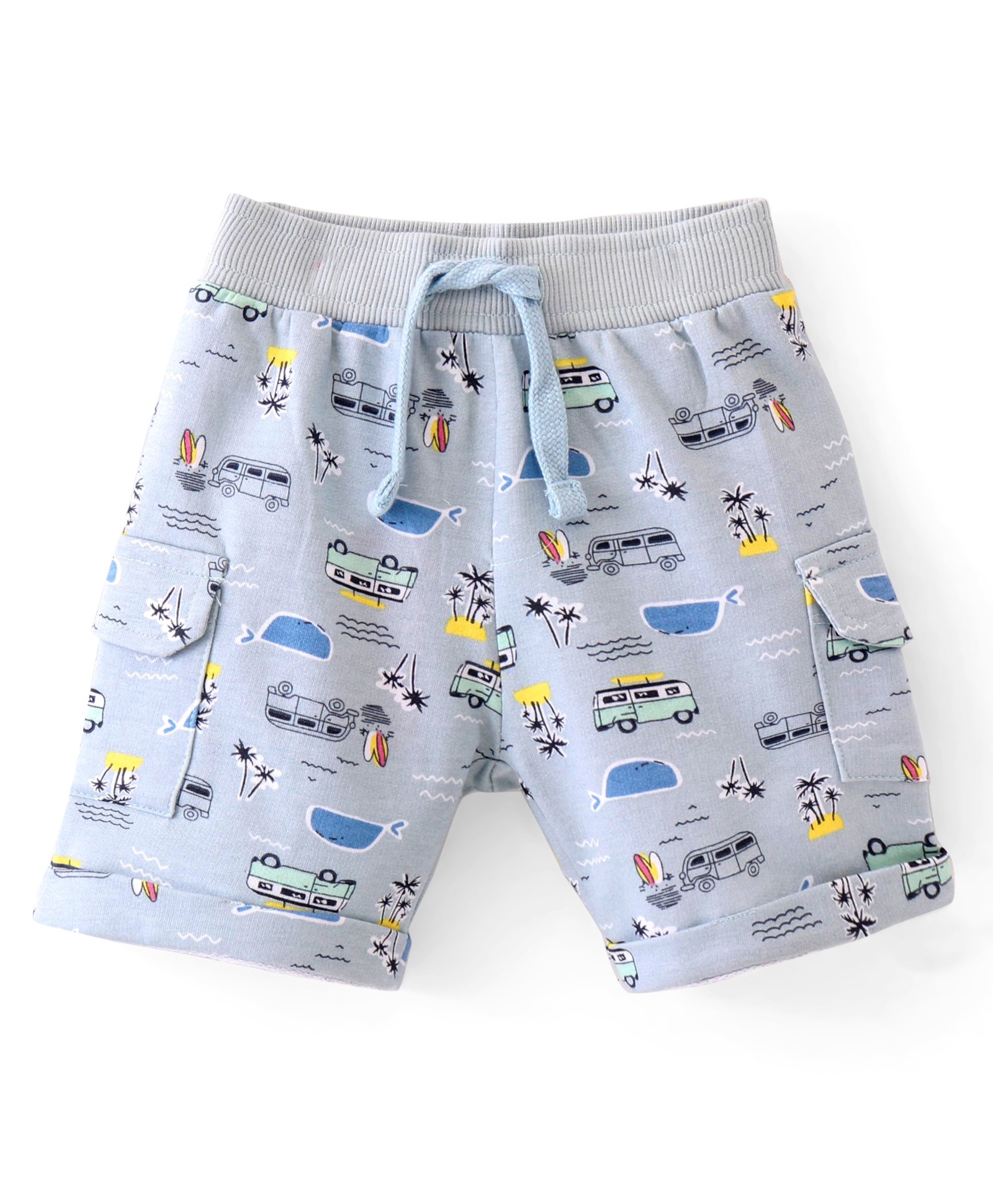 Babyhug Cotton Looper Knit Shorts Beach Theme Print - Blue-image-6