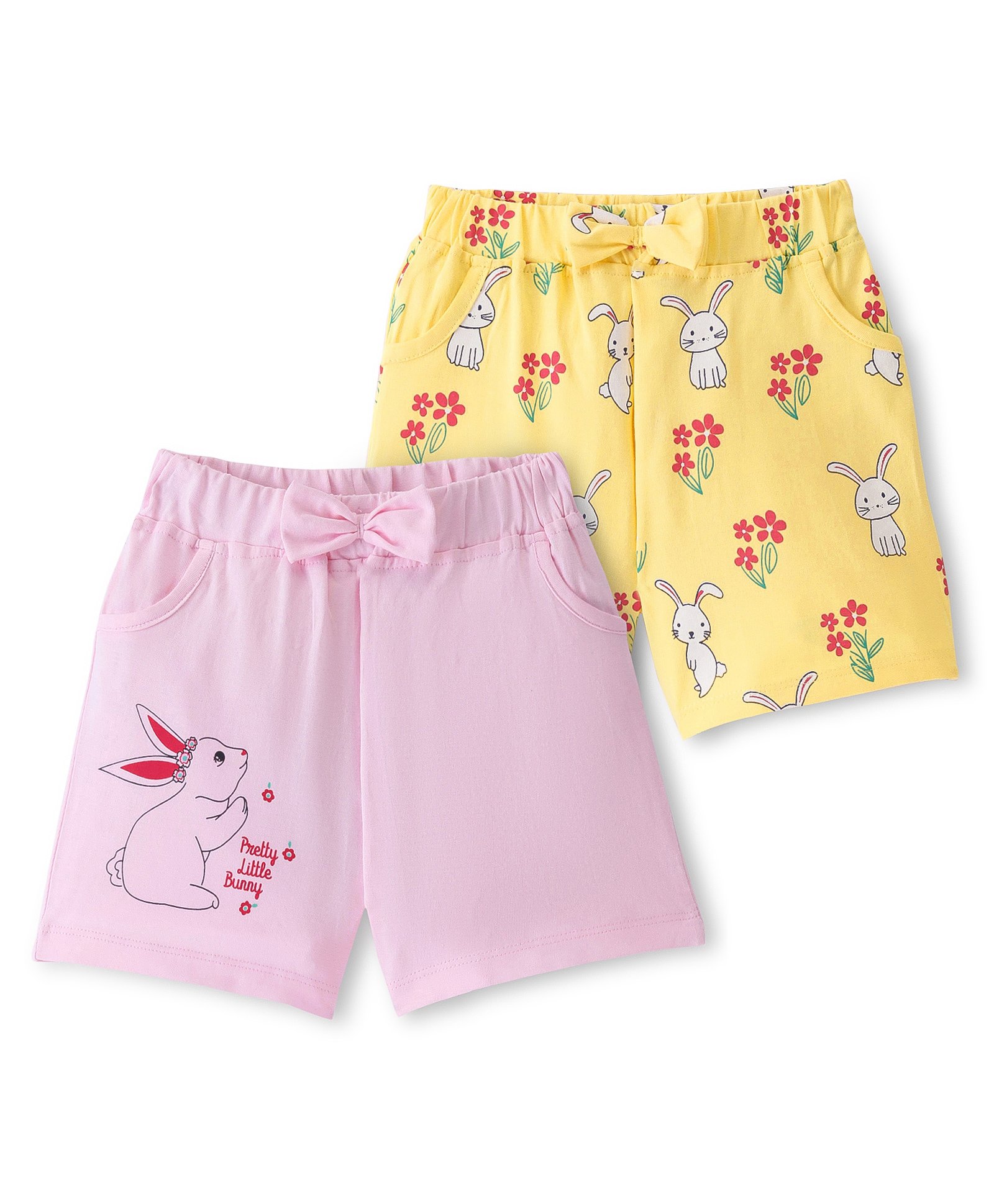 Doodle Poodle 100% Cotton Single Jersey Knit Above Knee Length Shorts Bunny & Floral Print Pack Of 2 - Pink & Yellow-picture-26
