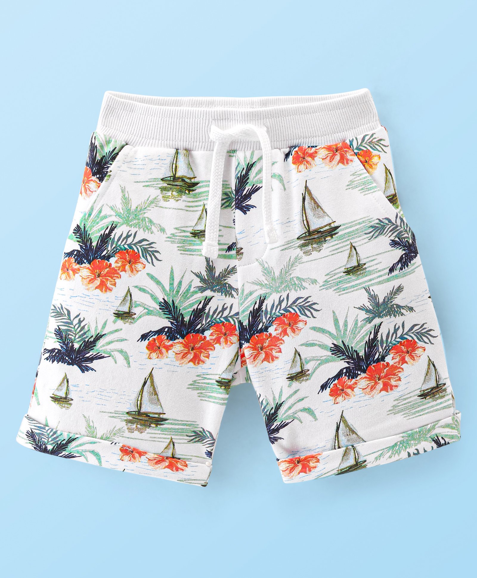 Babyhug Cotton Looper Knit Ship Printed Shorts - White-picture-11