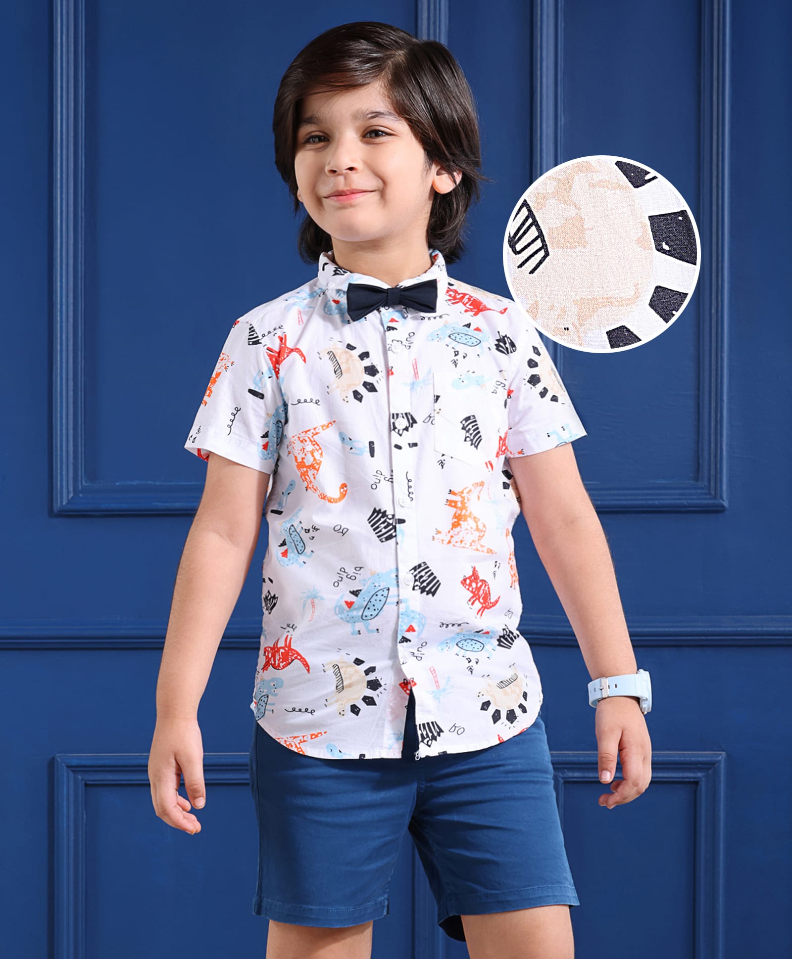 Kookie Kids Half Sleeves Shirt & Shorts Set With Bow Detailing Dino Print - White & Blue-image-25