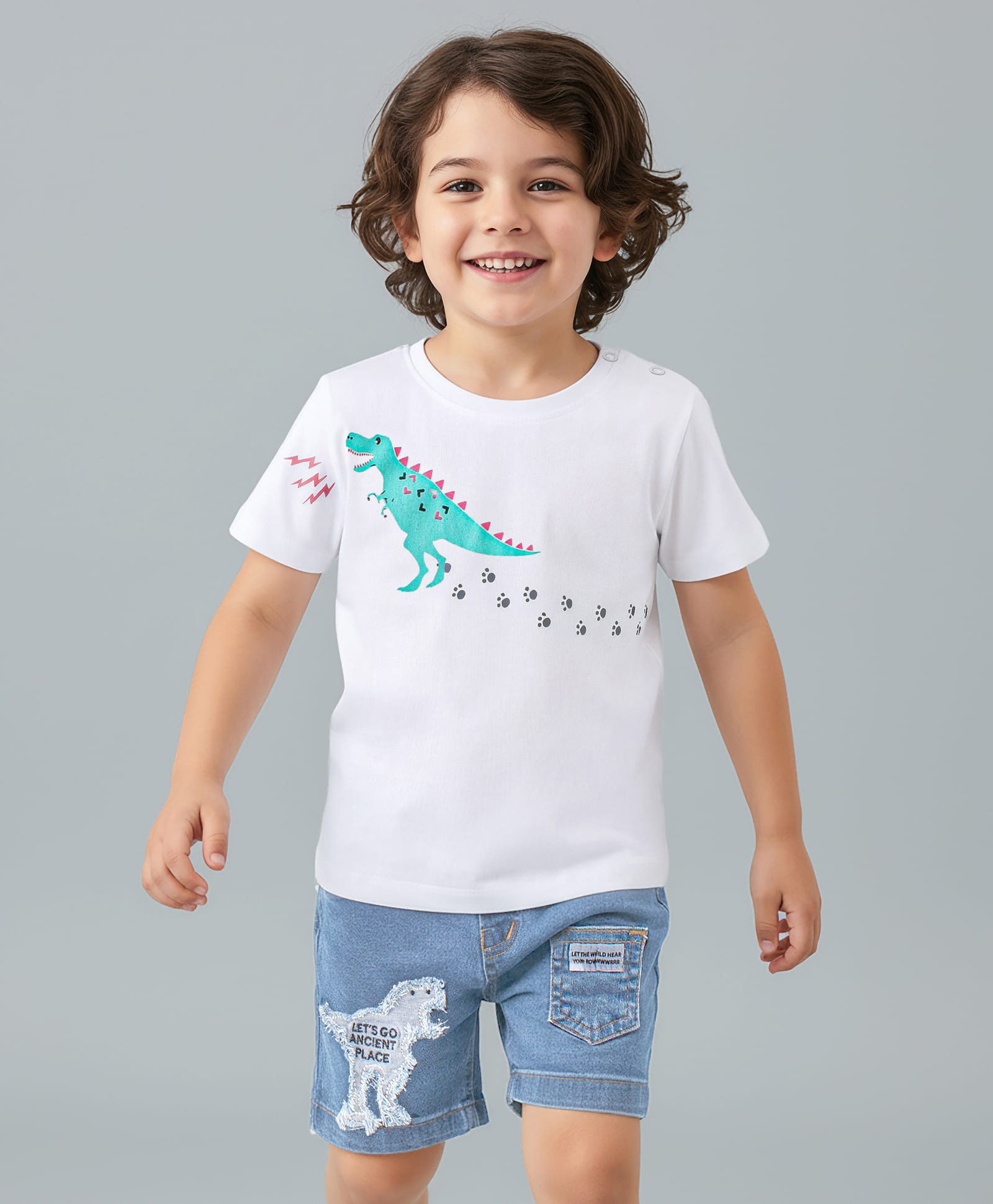 Kookie Kids Cotton Woven T-Shirt & Denim Shorts Dino Print - Multicolour-image-43