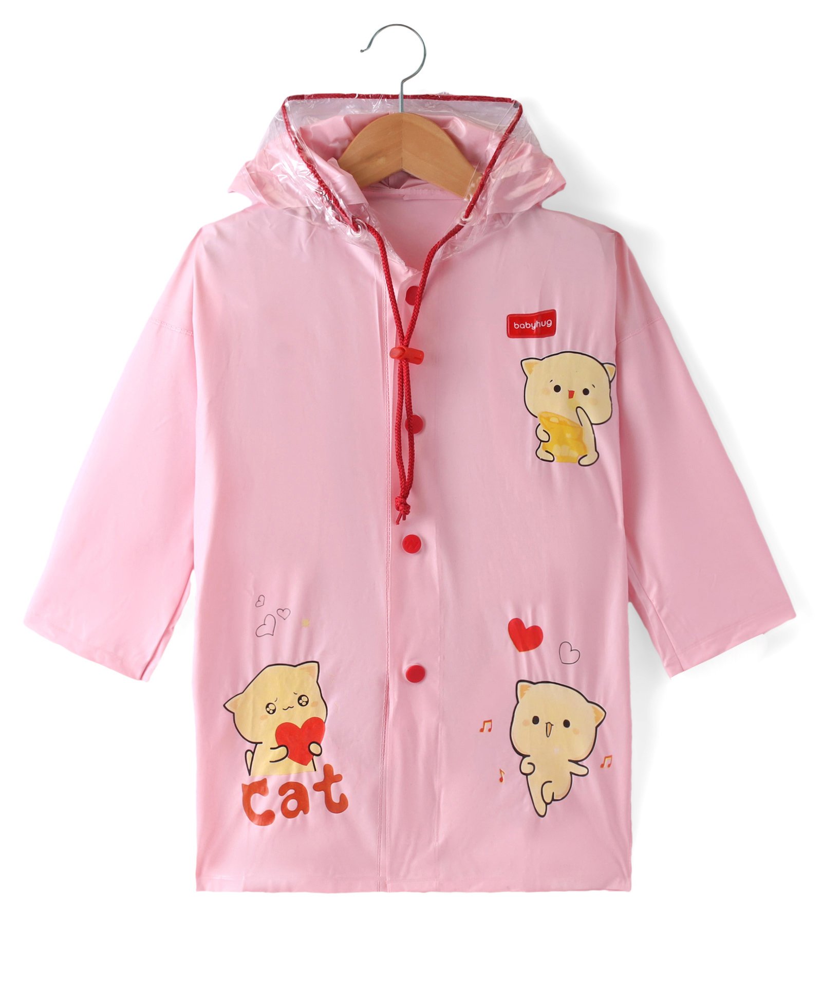 Babyhug Full Sleeves Below Knee Length Hooded Raincoat Cat Print - Pink
