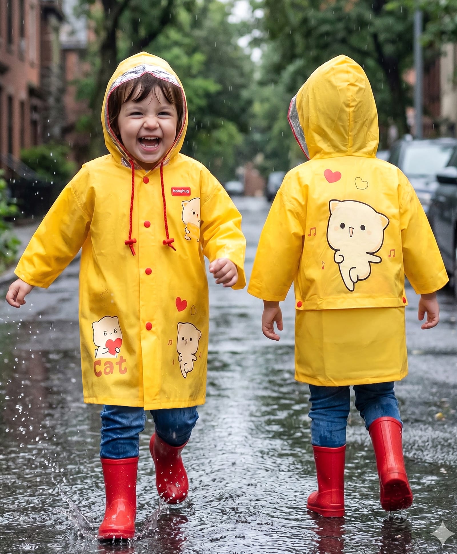 Babyhug Full Sleeves Below Knee Length Hooded Raincoat Cat Print - Yellow-image-25