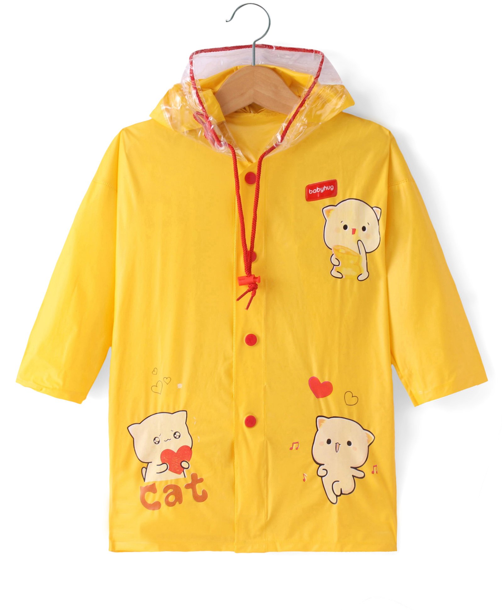 Babyhug Full Sleeves Below Knee Length Hooded Raincoat Cat Print - Yellow