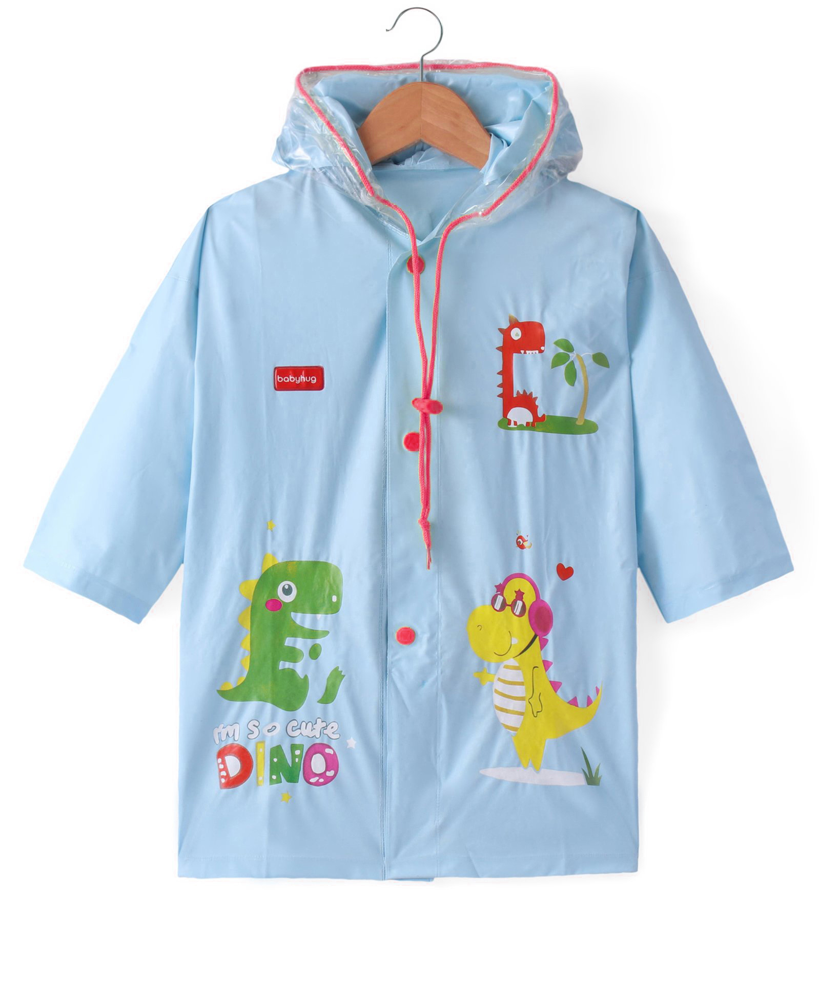 Babyhug Full Sleeves Below Knee Length Hooded Raincoat Dino Print - Ice Blue