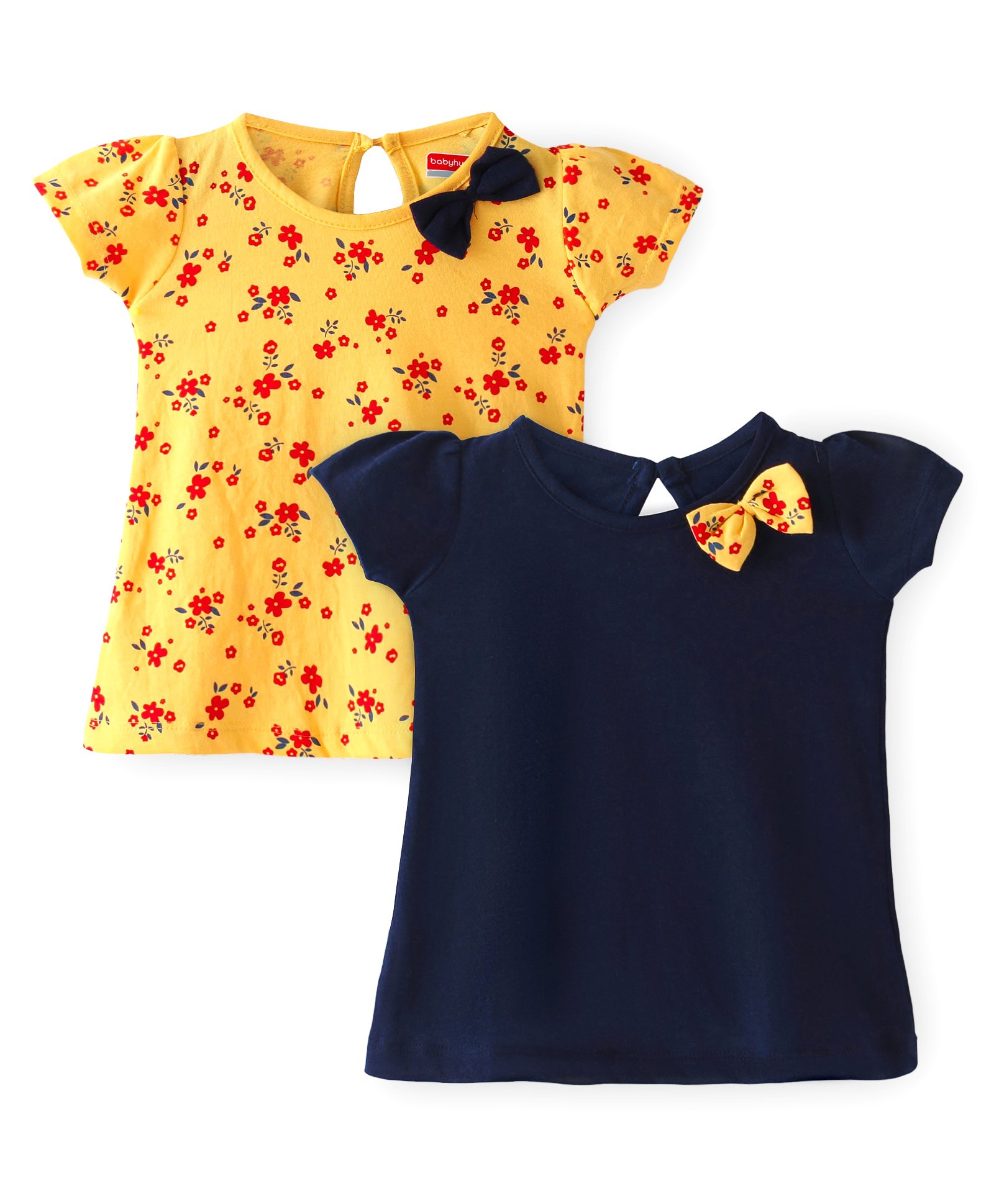 Babyhug Single Jersey Knit Half Sleeves Frocks Solid & Floral Print with Bow Applique Pack of 2 - Multicolour-image-6