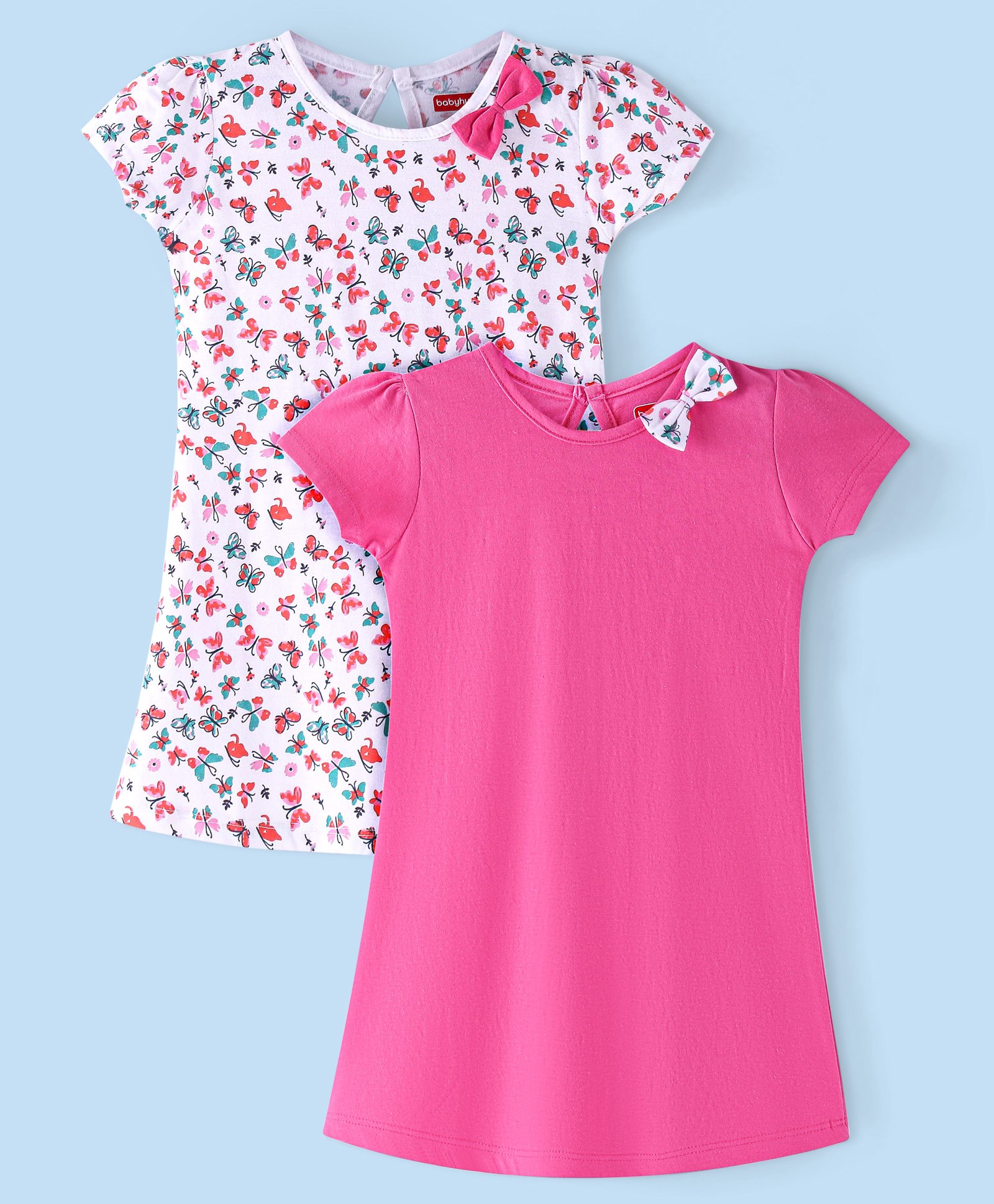 Babyhug Single Jersey Knit Half Sleeves Solid Colour & Butterfly Printed Frocks Pack of 2 - White & Pink-image-30