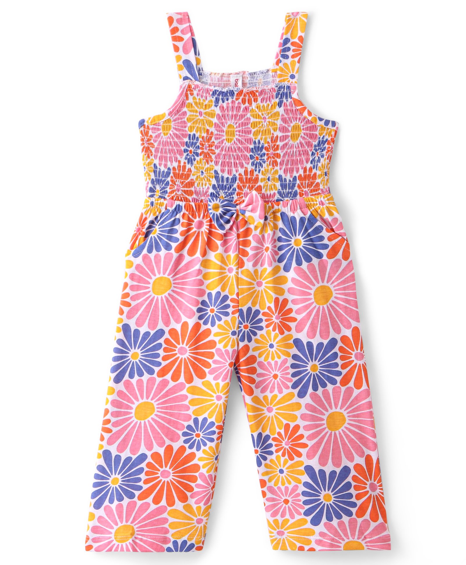 Babyhug Single Jersey Knit Sleeveless Jumpsuit With Floral Print & Bow Applique - Orange Pink & Purple-picture-10
