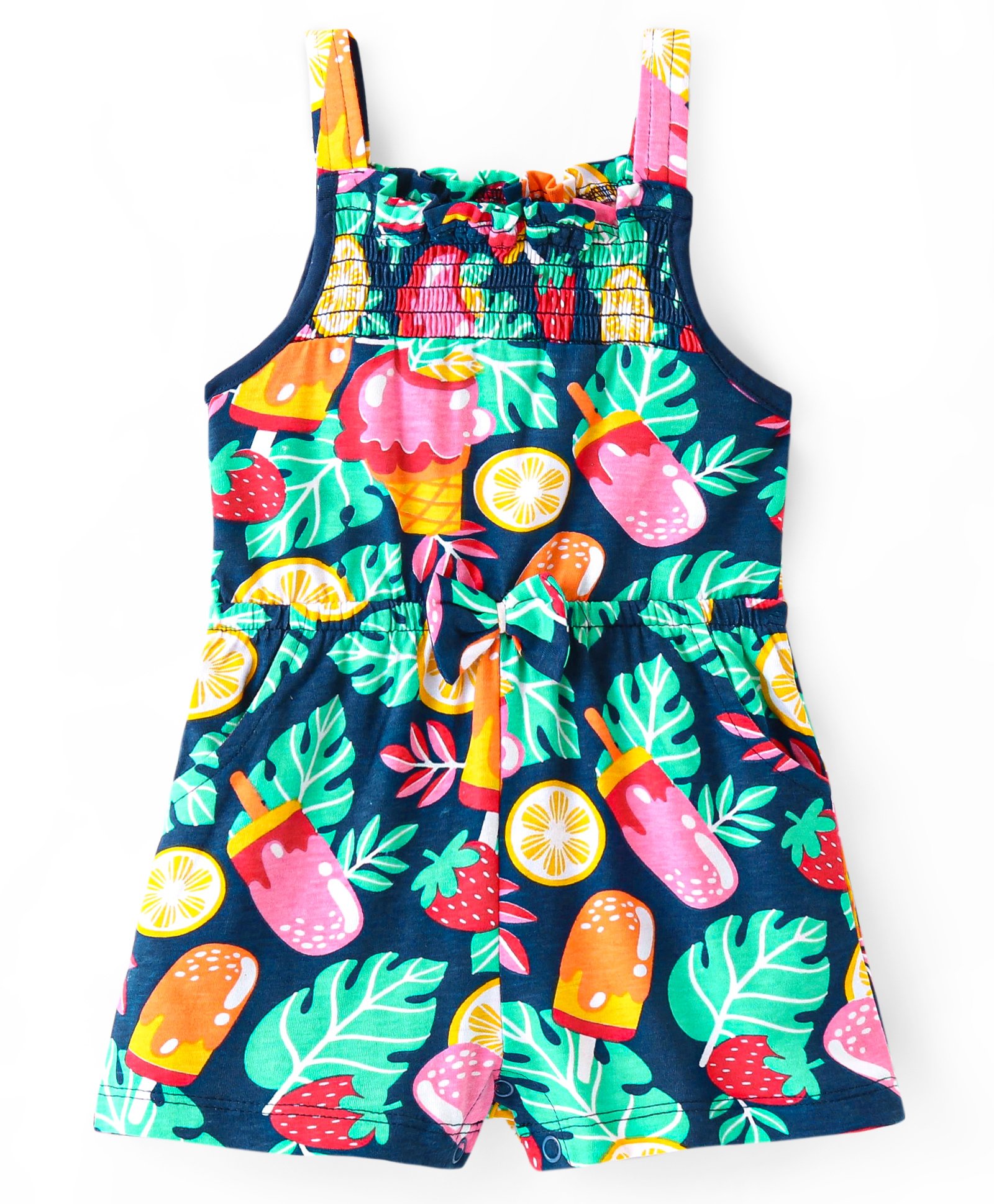 Babyhug Single Jersey Knit Sleeveless Jumpsuit with Ice Cream & Leaves Print Bow & Smocking Detailing - Navy Blue-picture-10