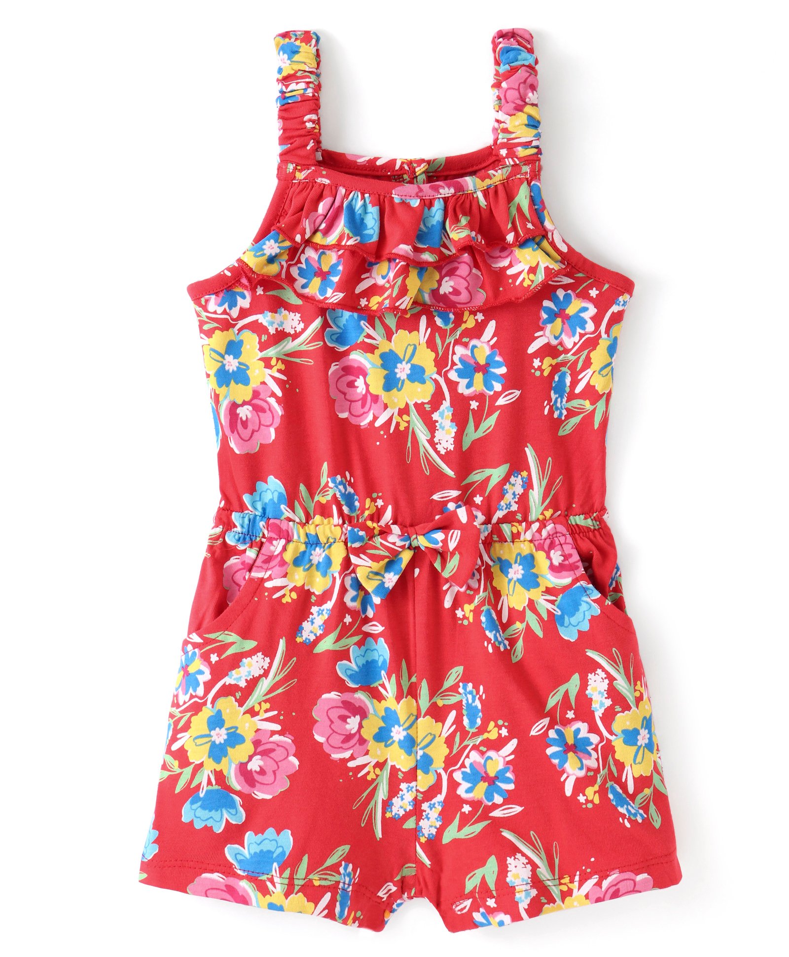 Babyhug Single Jersey Knit Sleeveless Jumpsuit with Floral Print Bow Frill & Pockets Detailing - Red-image-32