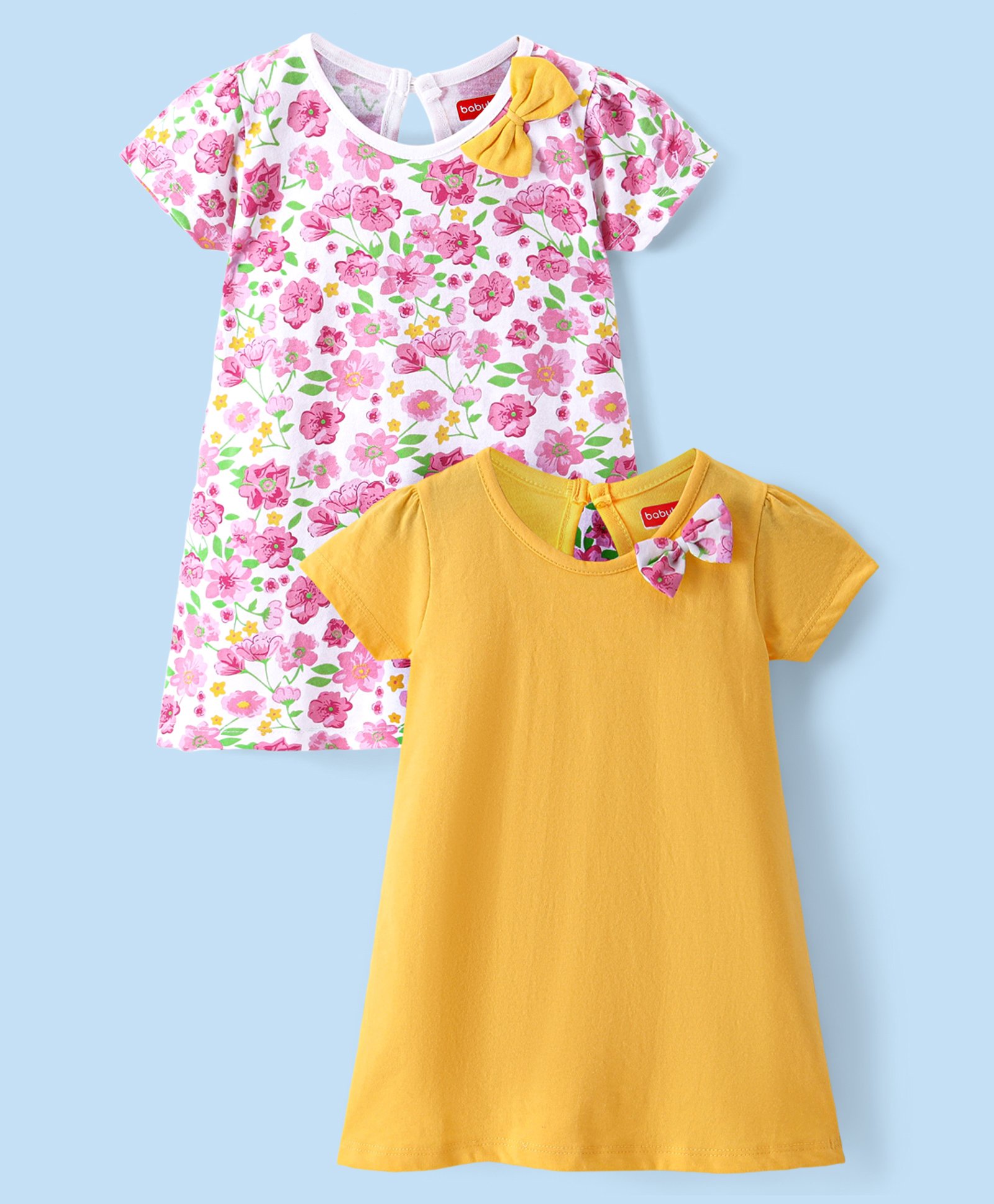 Babyhug Single Jersey Knit Half Sleeves Floral & Solid Colour A-Line Frocks with Bow Applique Pack of 2 - Yellow & White-image-41