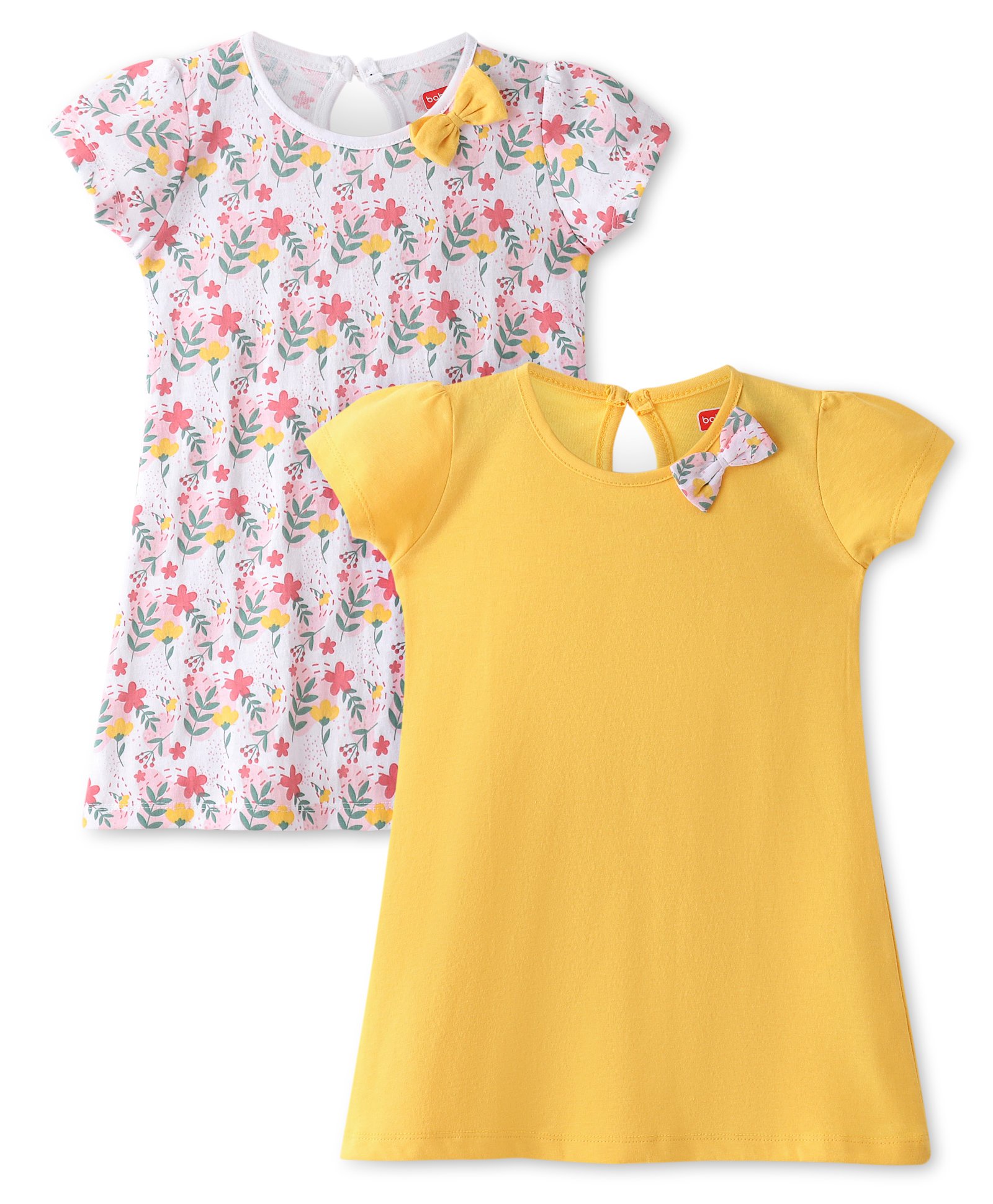 Babyhug Single Jersey Half Sleeves Solid & Floral Printed Frocks Pack of 2 - White & Yellow-image-16