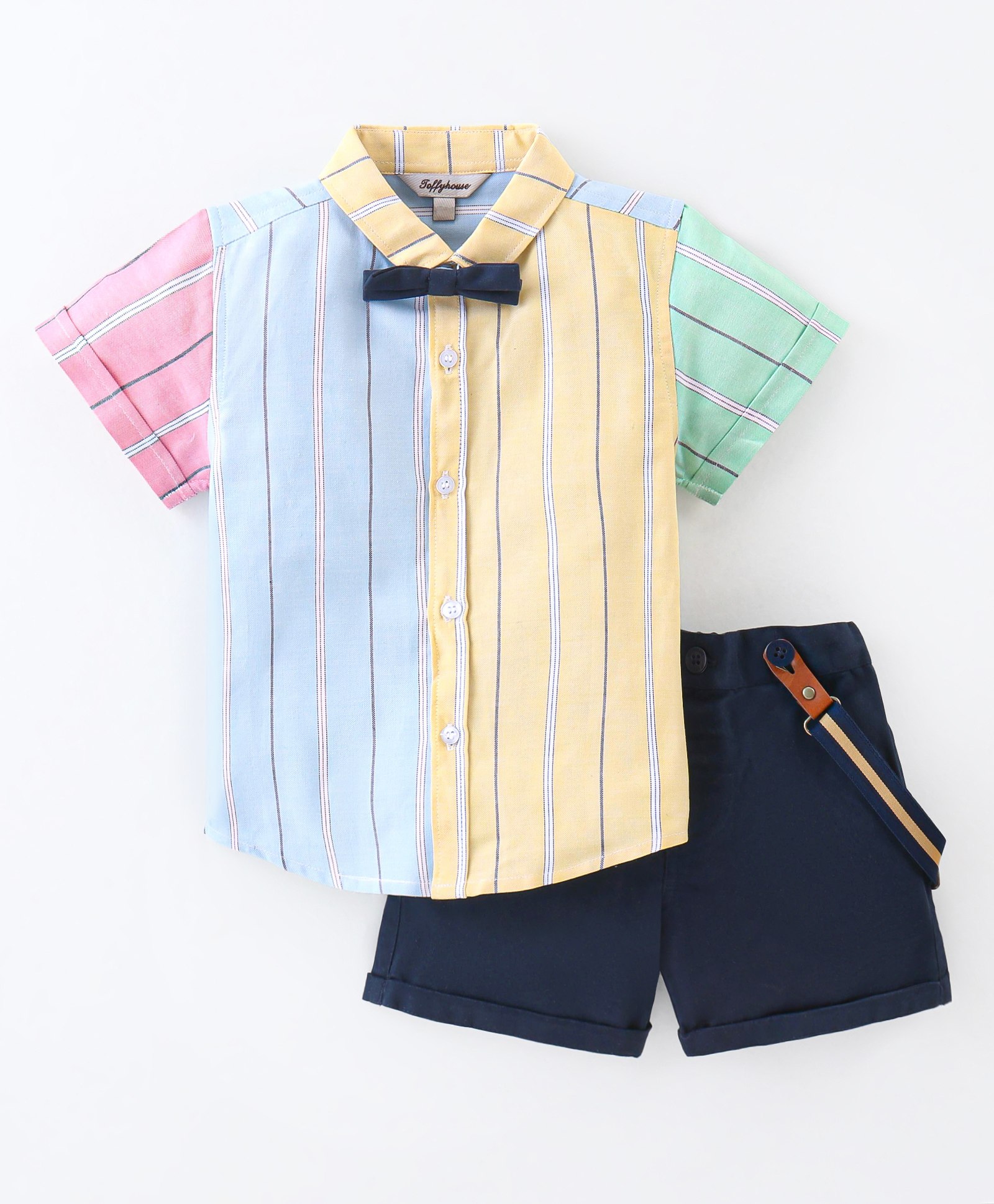 ToffyHouse 100% Woven Cotton Half Sleeves Yarn Dyed Striped Shirt & Shorts Set with Quirky Suspender & Bow Tie - Multicolour-picture-8