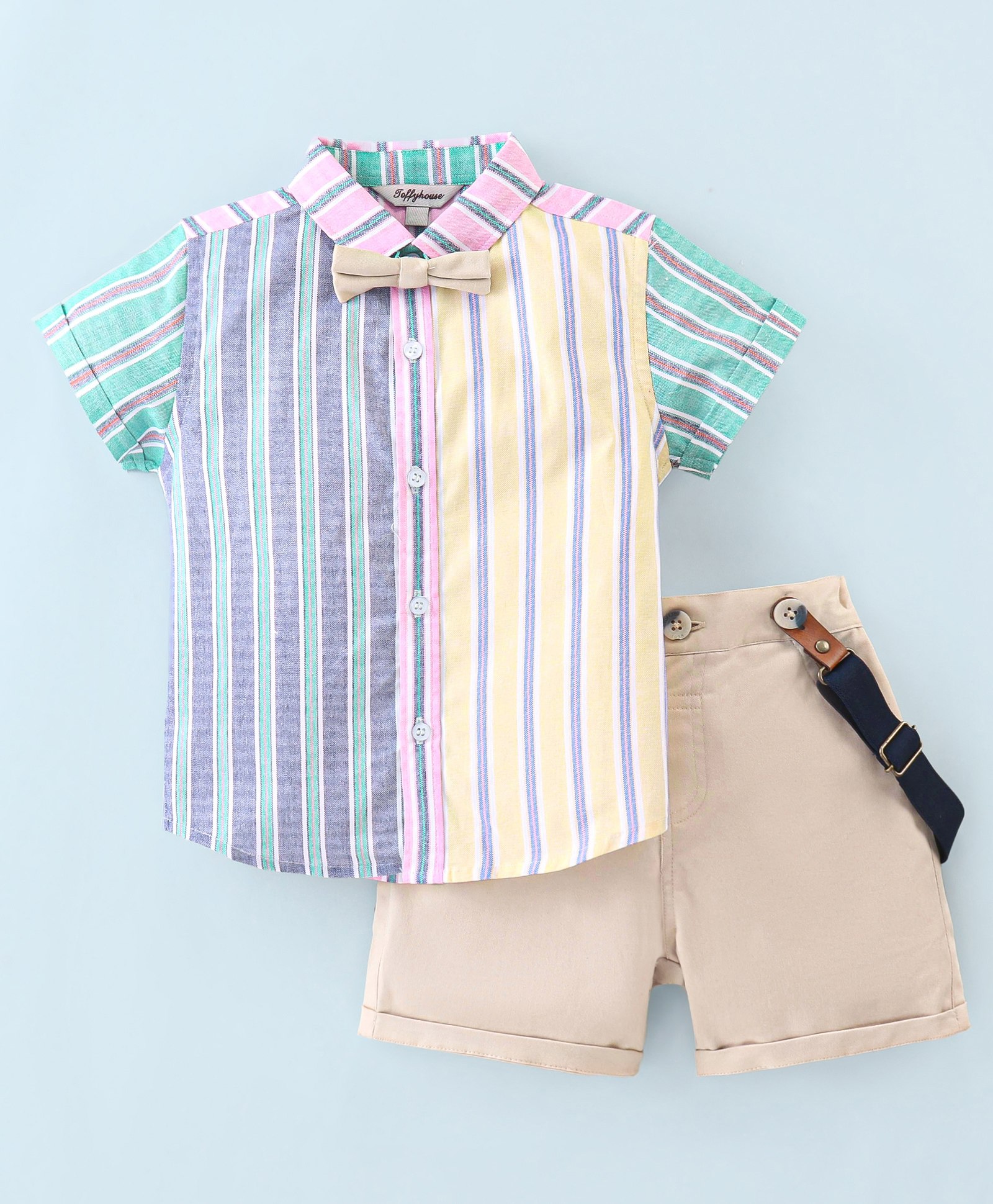 ToffyHouse 100% Woven Cotton Half Sleeves Yarn Dyed Striped Shirt & Shorts Set with Quirky Suspender & Bow Tie - Multicolour-picture-22