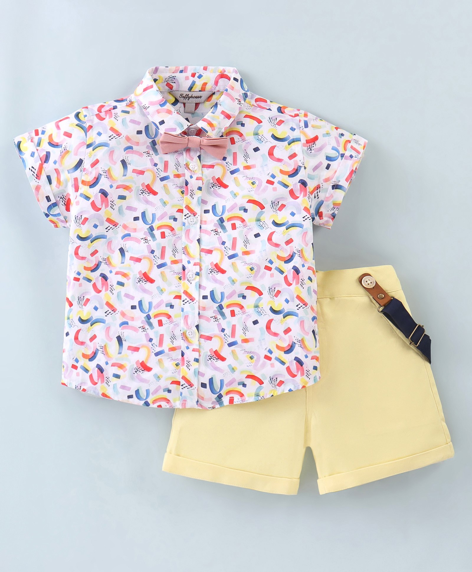 ToffyHouse 100% Cotton Woven Half Sleeves Confetti Print Shirt with Short Suspender & Bow- Lemon Yellow-picture-43