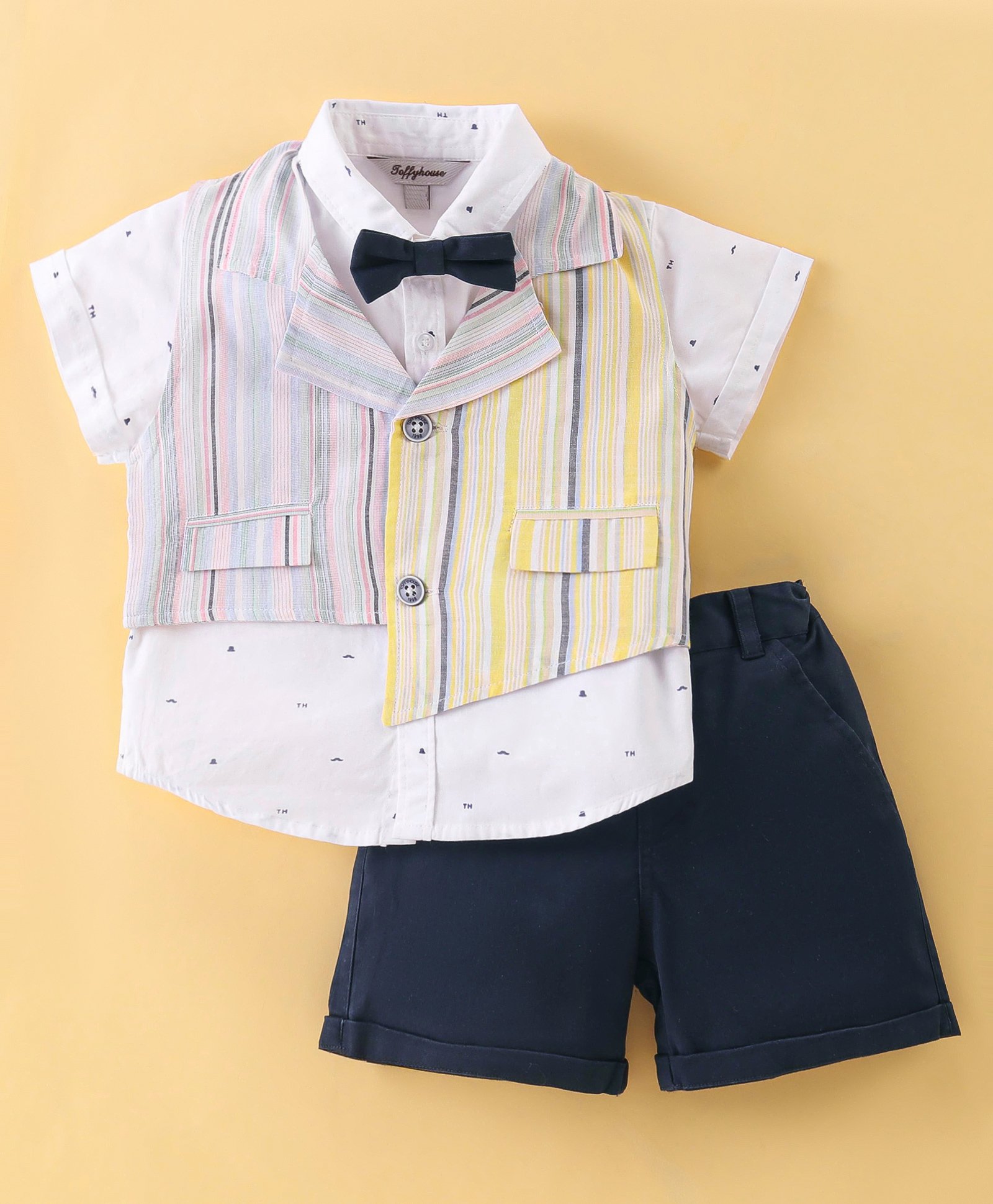 ToffyHouse Half Sleeves Printed Shirt & Shorts Set with Bow Tie & Striped Waist Coat - Multicolor-image-10