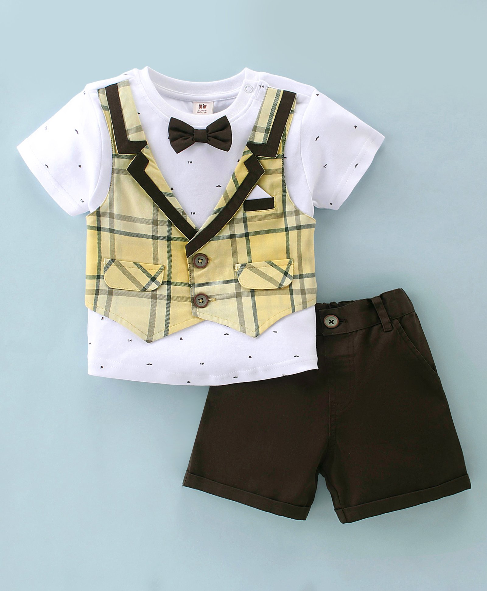 ToffyHouse Party Suits Half Sleeves Shirt & Shorts With Bow Checkered - White & Green-image-4