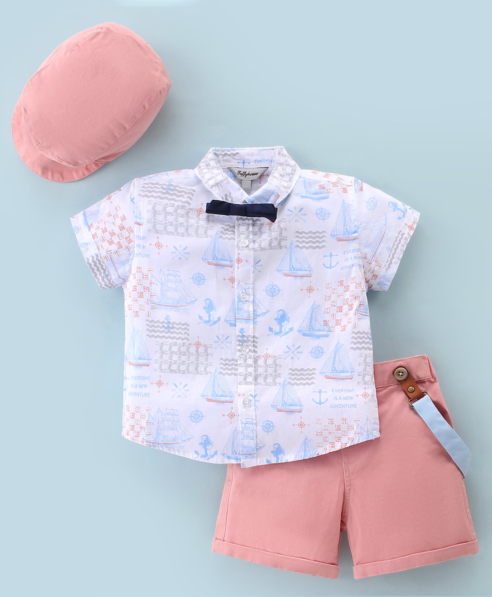 ToffyHouse Half Sleeves Shirt & Short Set with Suspender & Bow Tie Boat Print - Pink-picture-19