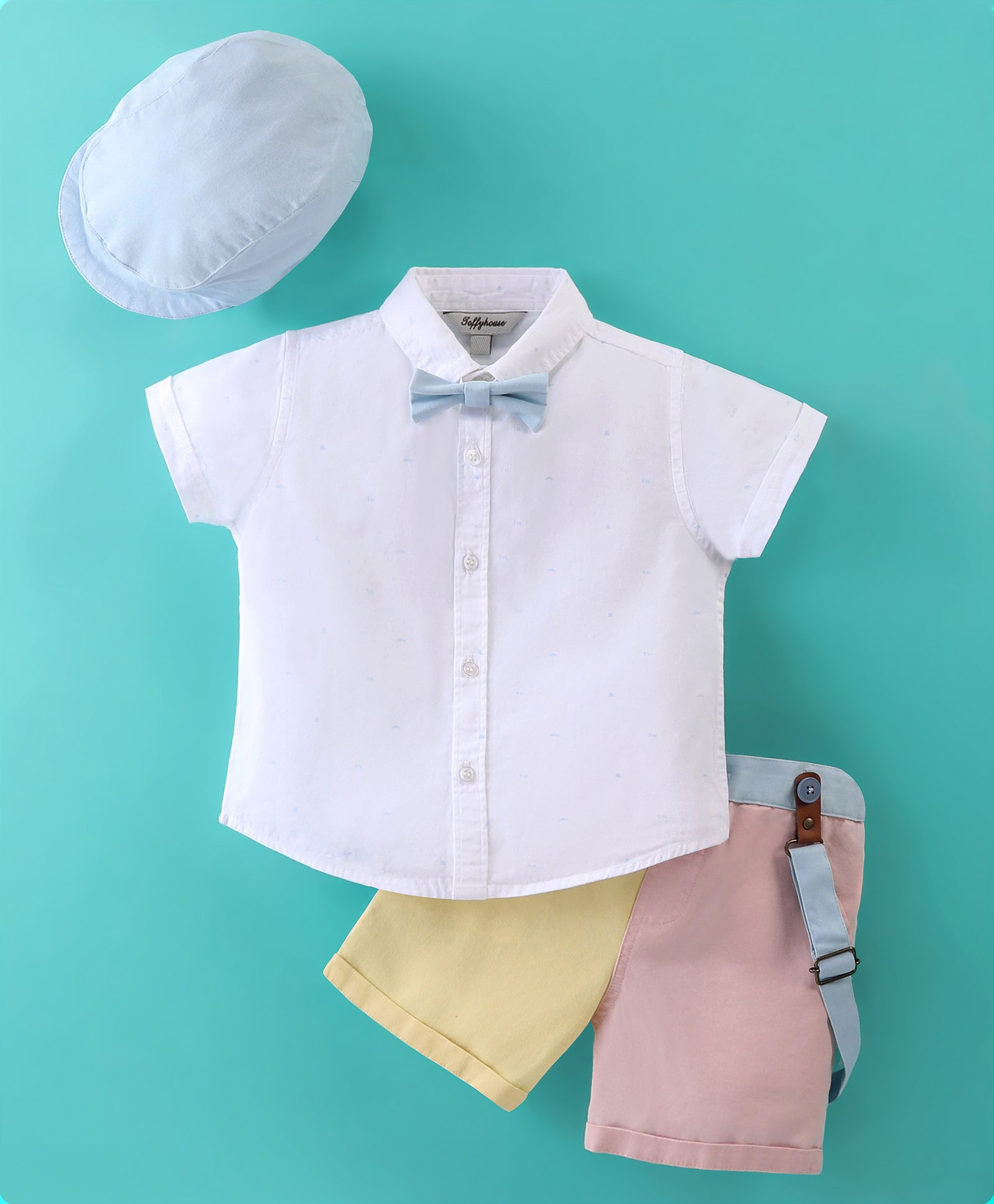 ToffyHouse Woven Half Sleeves Shirt & Shorts Set With Suspender & Bow Solid Colour - White & Blue-image-37