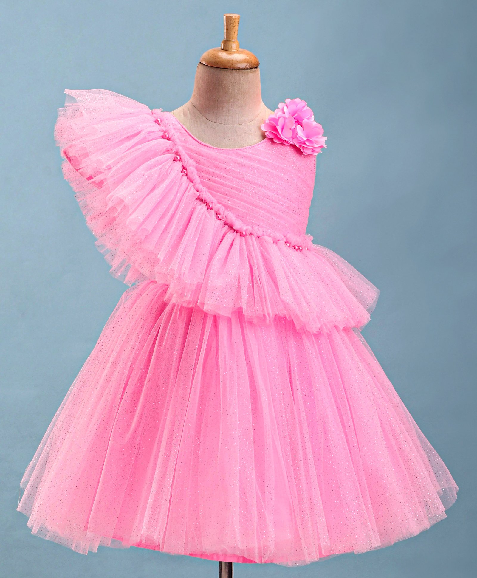 Bluebell Sleeveless Shimmered Party Frock with Frill Detailing & Floral Applique - Pink-image-6