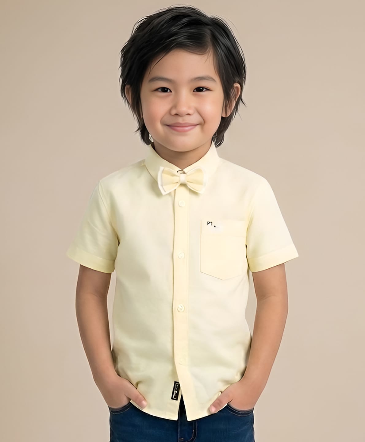 Polka Tots  Half Sleeves Solid Shirt With Dual Bow Tie - Yellow-image-49