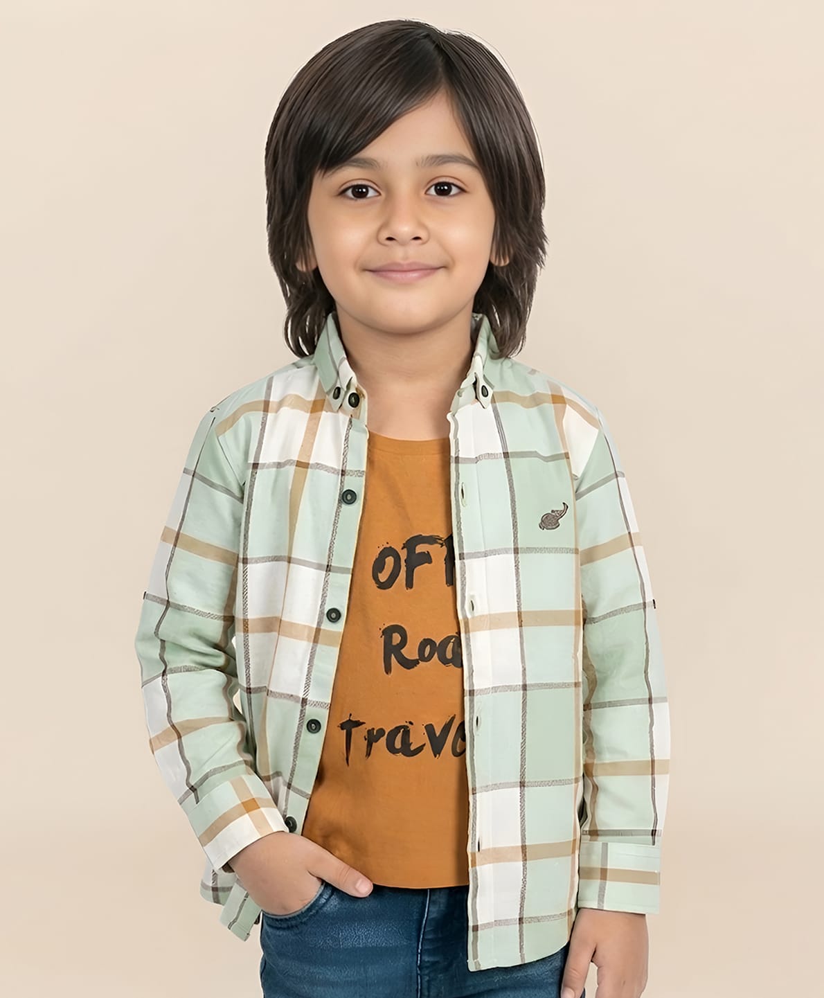 Polka Tots Full Sleeves Plaid Checked Shirt With Attached Tee - Green-image-41