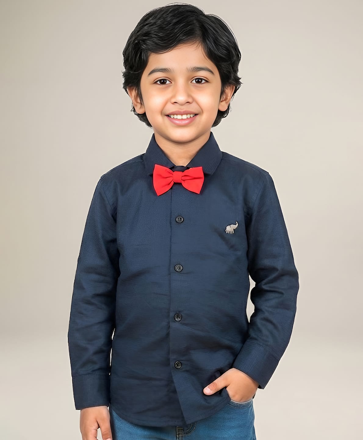 Polka Tots Full Sleeves Solid Shirt With Bow Tie - Navy Blue-image-14