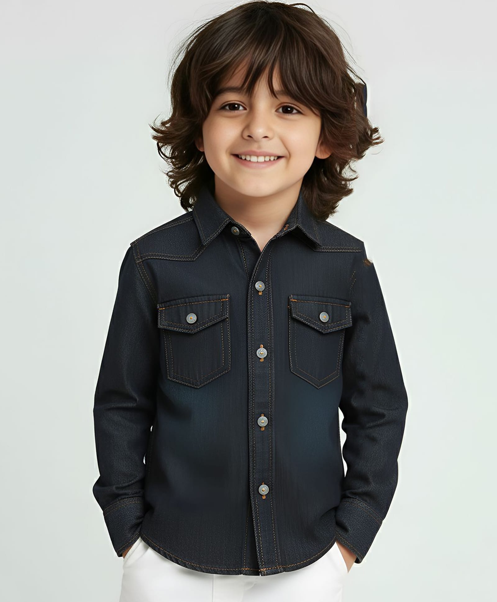 Polka Tots Full Sleeves Solid Denim Shirt - Black-image-9