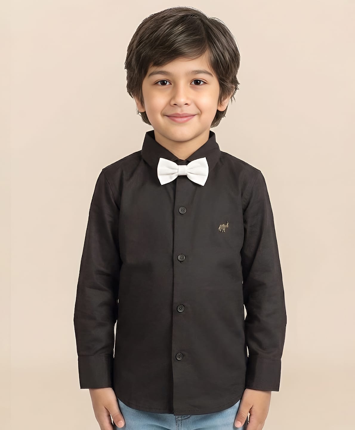 Polka Tots  Full Sleeves Solid Shirt With Bow Tie Up  - Black-image-39