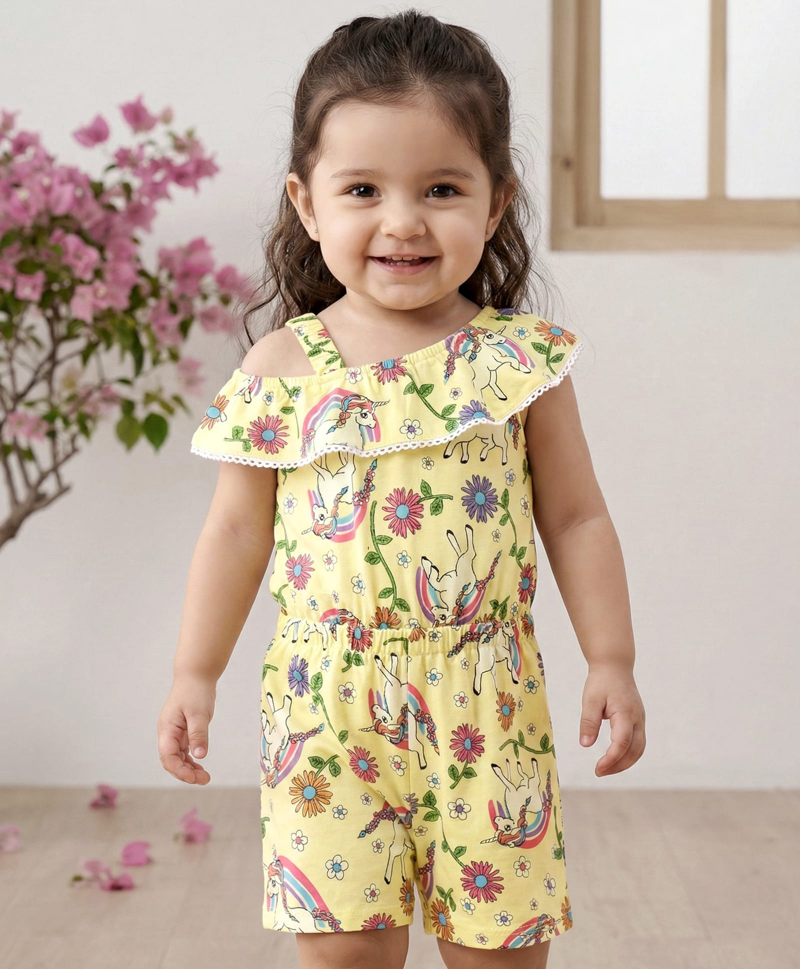 Babyhug Rayon Woven Sleeveless Unicorn Printed & Frill Detailing Jumpsuit- Yellow-image-42