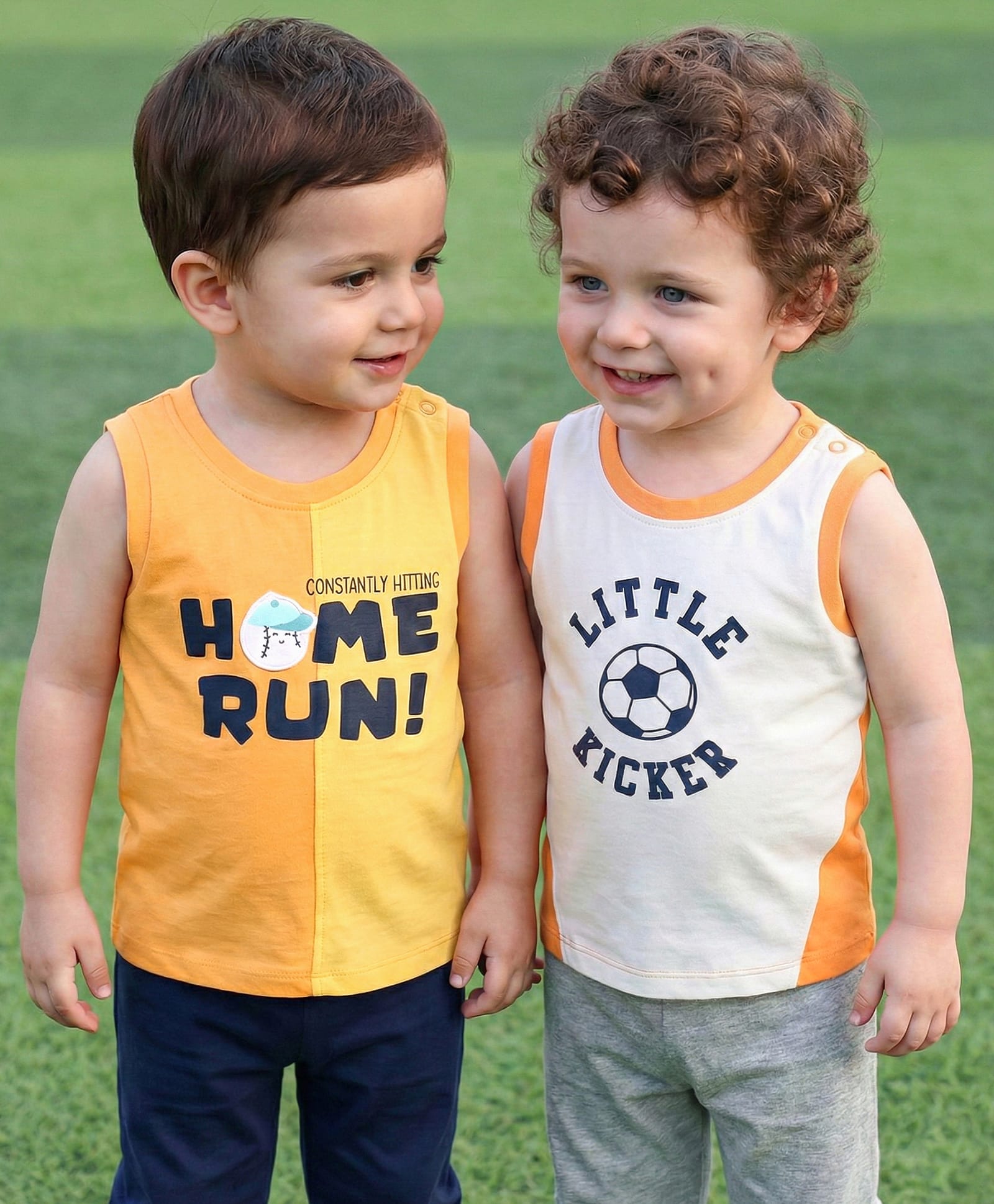 Babyoye 100% Cotton Knit Sleeveless Football & Text Printed T-Shirts Pack of 2 - White & Yellow-picture-11