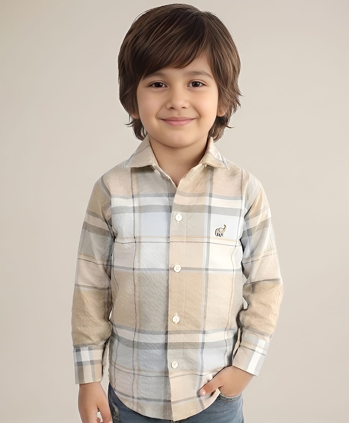 Polka Tots Cotton Full Sleeves Checked  Shirt - Beige-image-18
