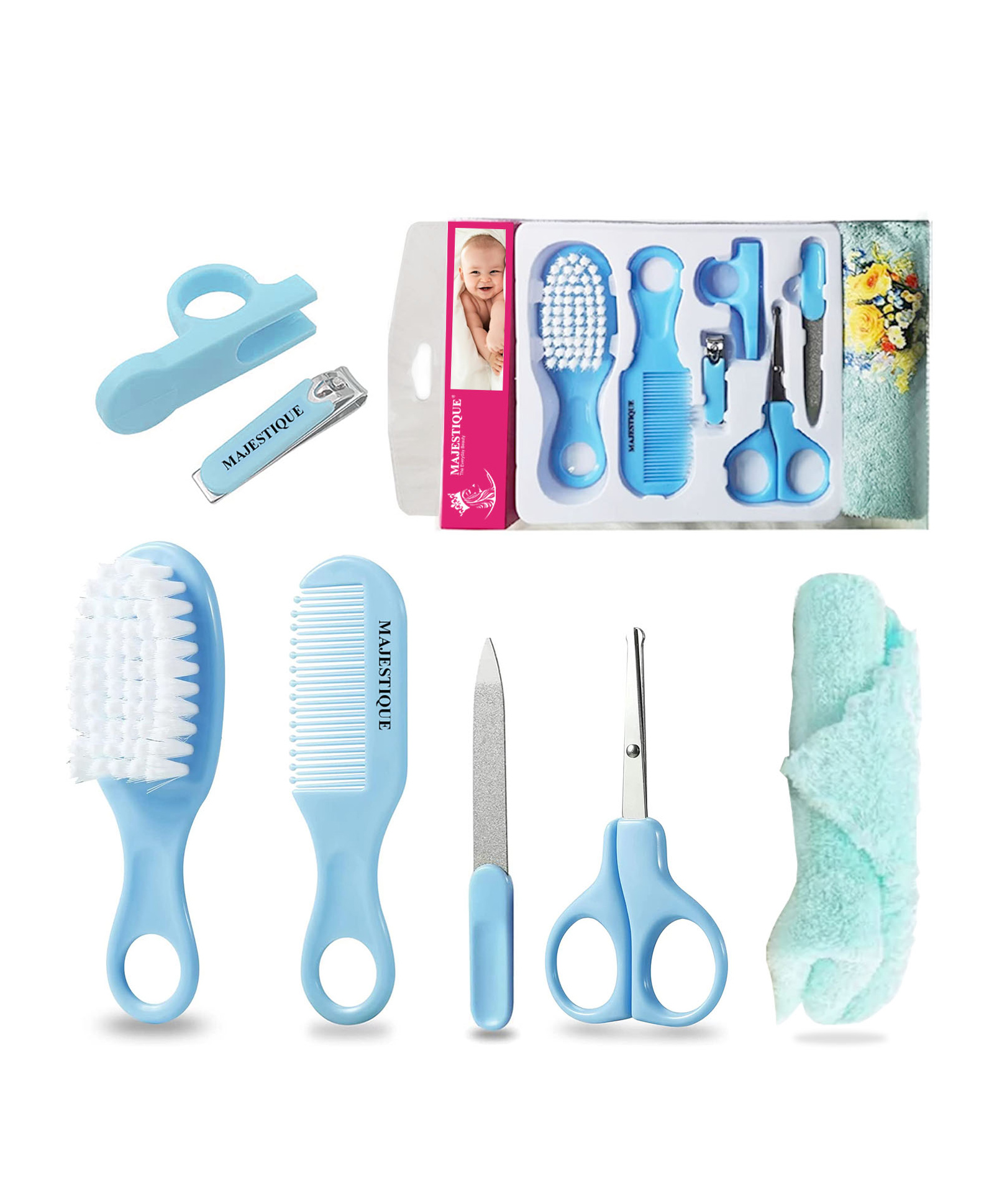 Majestique Baby Grooming Set,  Brush, Comb, Clipper, File & Baby Towel - (7 in 1 Blue)-picture-0