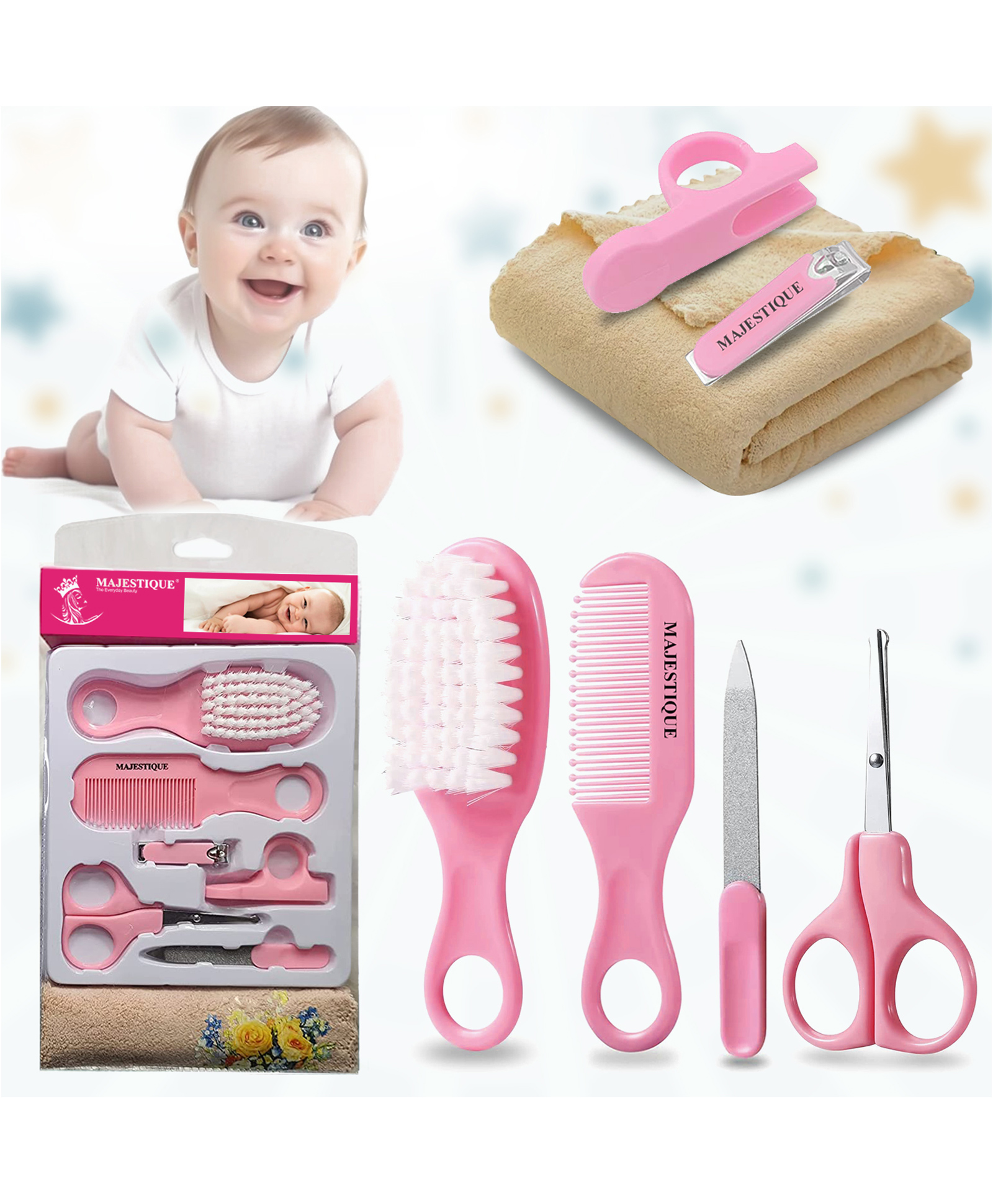 Majestique Baby Grooming Set,  Brush, Comb, Clipper, File & Baby Towel - (7 in 1 Pink)-image-35