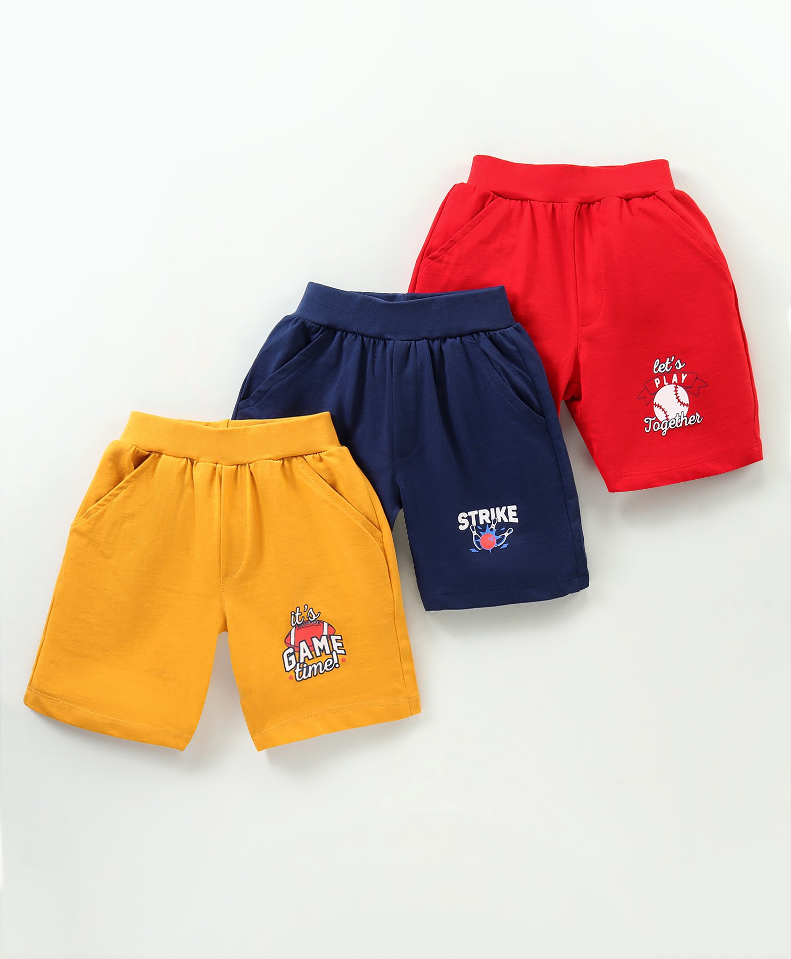 Simply Sinker Above Knee Length Shorts Text Print Pack of 3 - Mustard Yellow Deep Blue & Red-image-47