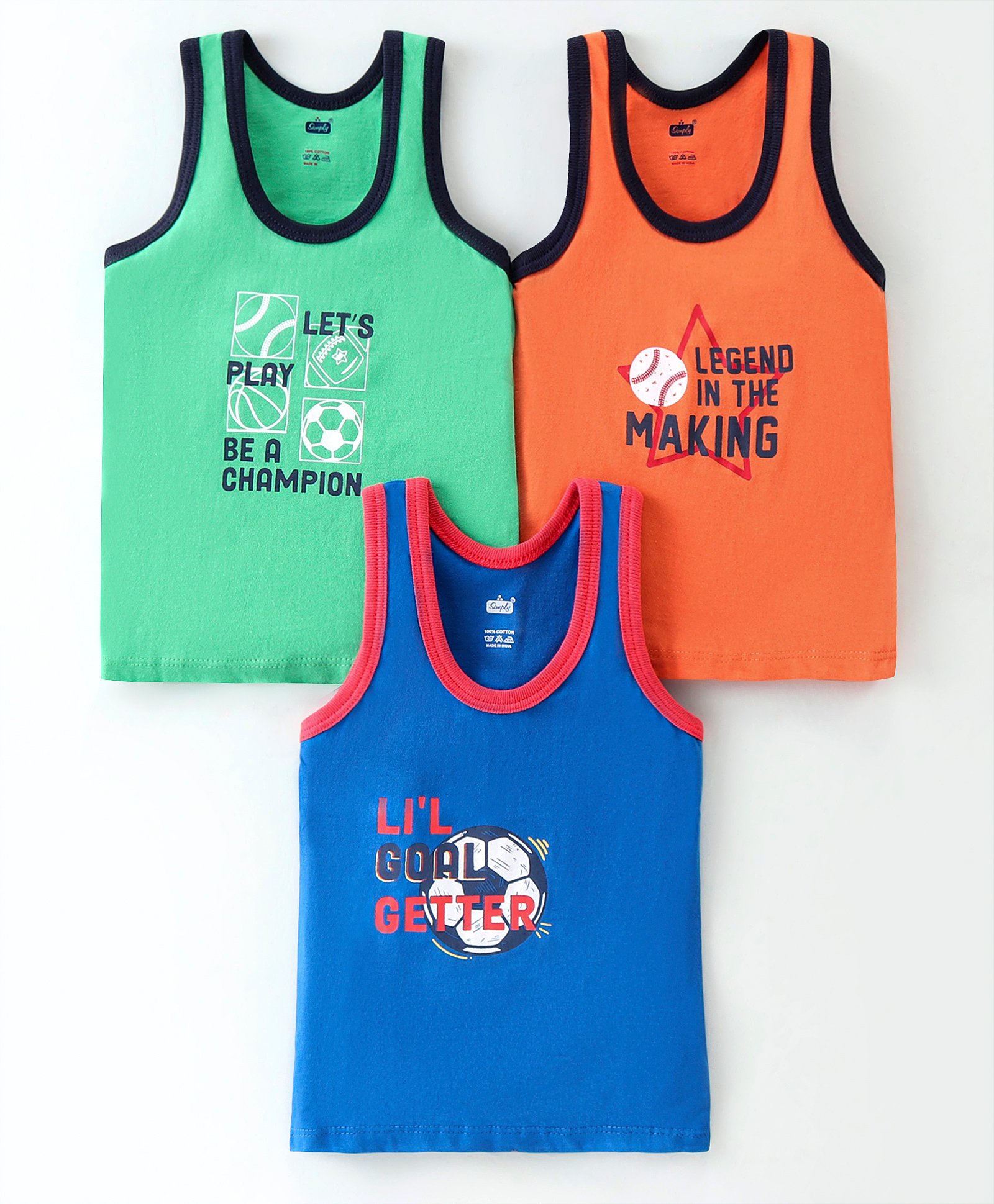 Simply Sinker Sleeveless Game Theme Printed Vests Pack of 3 - Deep Blue Orange & Green-picture-21