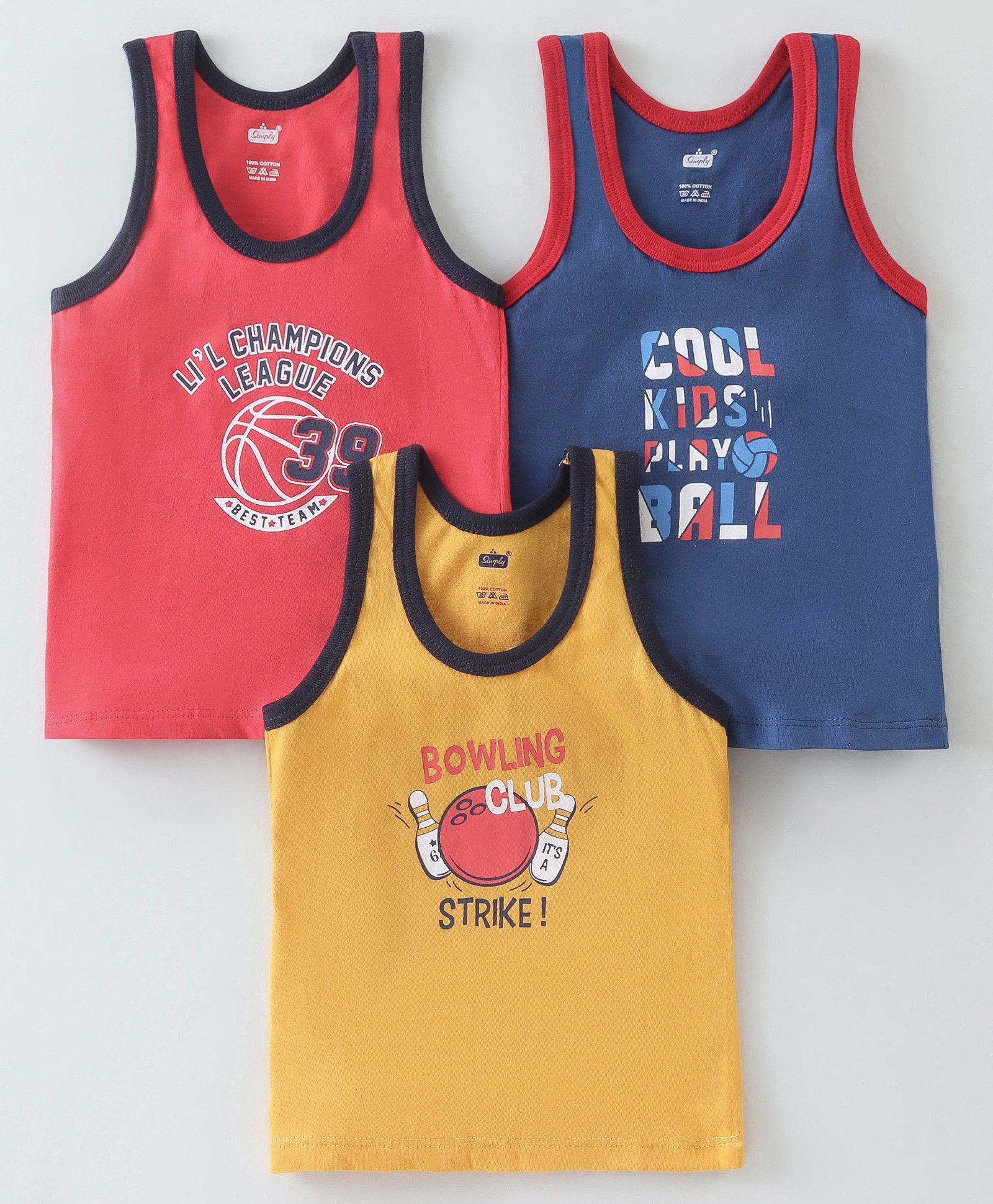 Simply Sinker Sleeveless Game Theme Printed Vests Pack of 3 - Red Yellow & Blue-image-19
