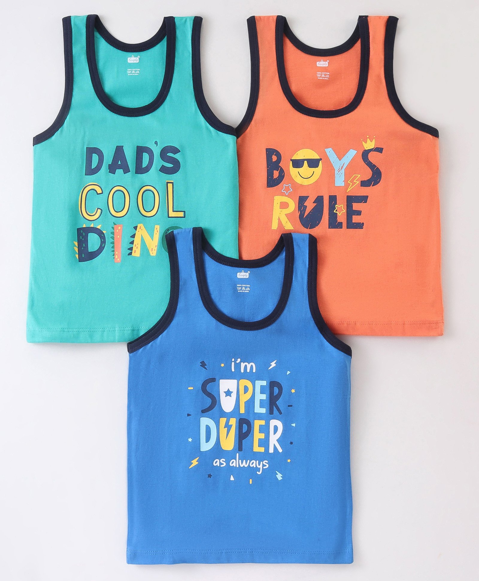 Simply Sinker Sleeveless Sandos Text Print Pack of 3- Green Orange & Blue-image-49