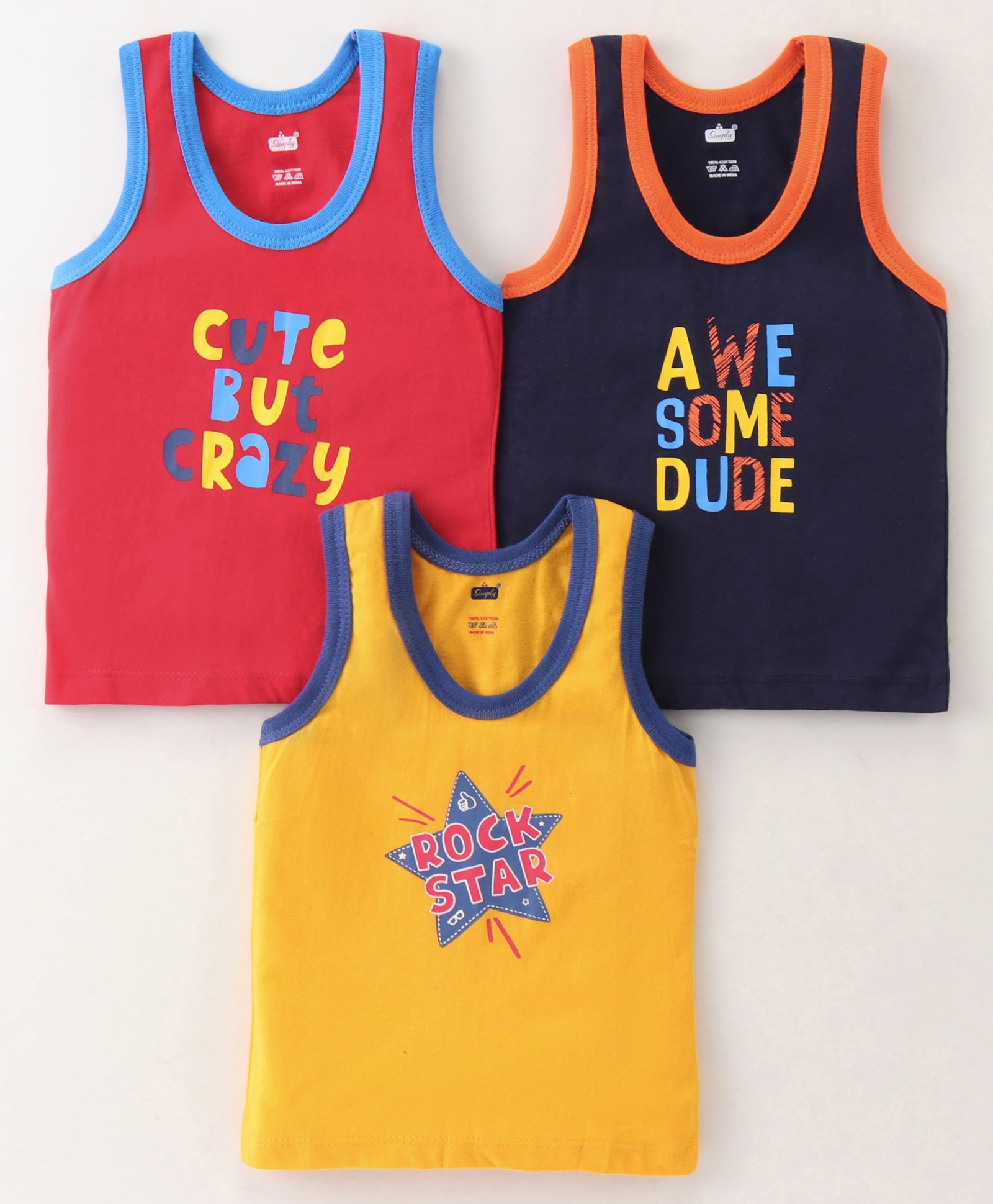 Simply Sinker Sleeveless Sandos Text Print Pack of 3- Red Yellow & Navy Blue-image-48