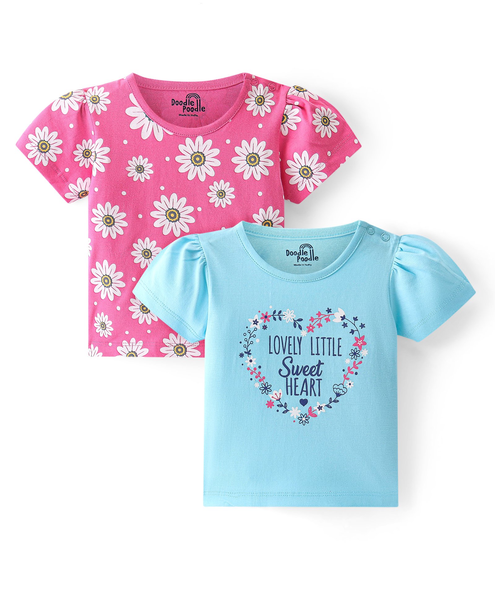 Doodle Poodle 100% Cotton Single Jersey Knit Half Sleeves Top Floral Print Pack Of 2 - Pink & Blue-picture-35