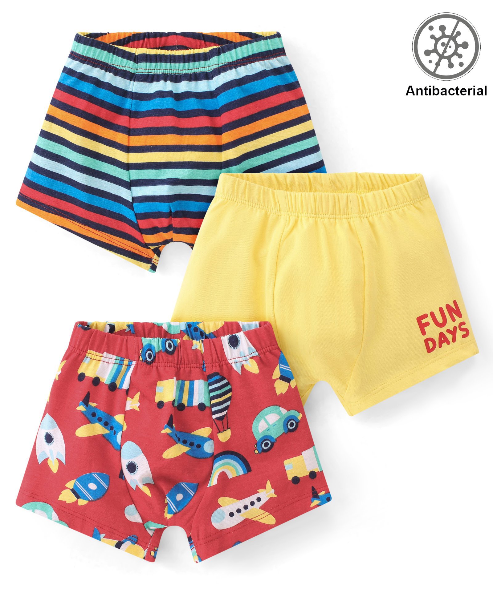 Babyhug 100% Cotton Knit  Antibacterial Briefs  Striped Text & Aeroplane Print Pack of 3 - Multicolour