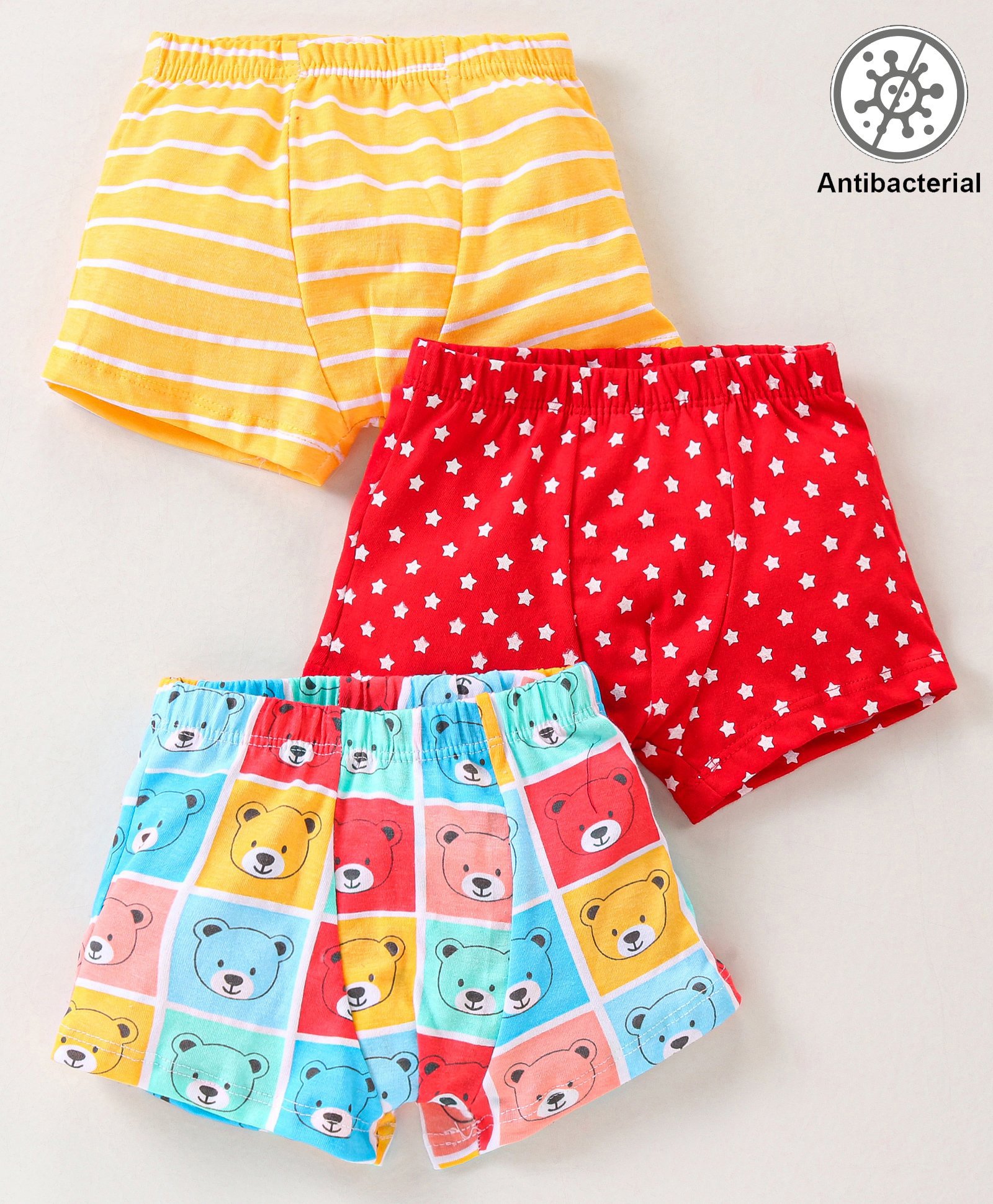 Babyhug 100% Cotton Knit Antibacterial Trunks Teddy Print Pack of 3 - Yellow Red & Blue-image-43